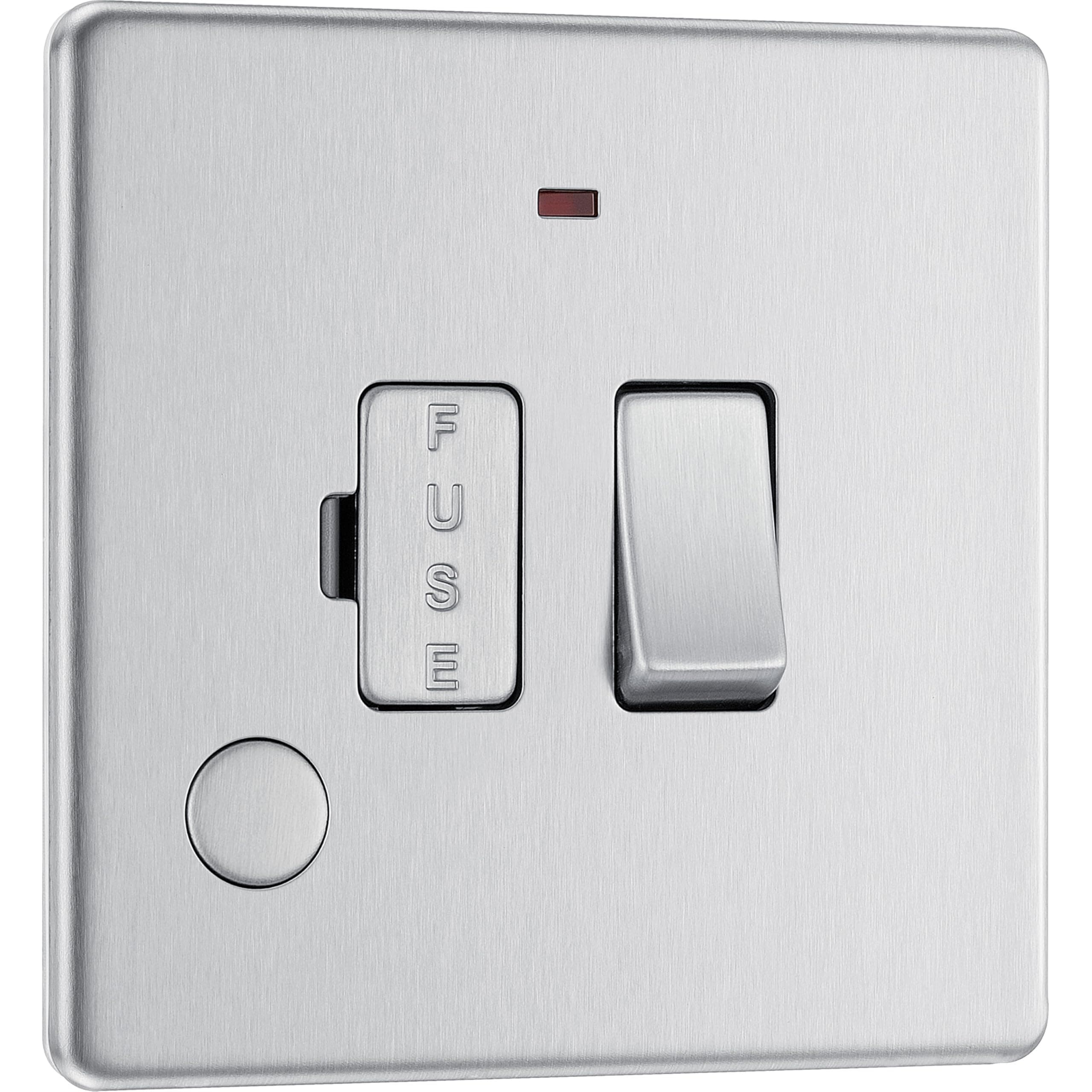 BG Electrical Switched Fused Connection Unit with LED Power Indicator and Flex Outlet, Fused Spur Switch, Double Pole, Screwless Front Plate, Slim Profile, Premium Flatplate, Brushed Steel, 13A, FBS53