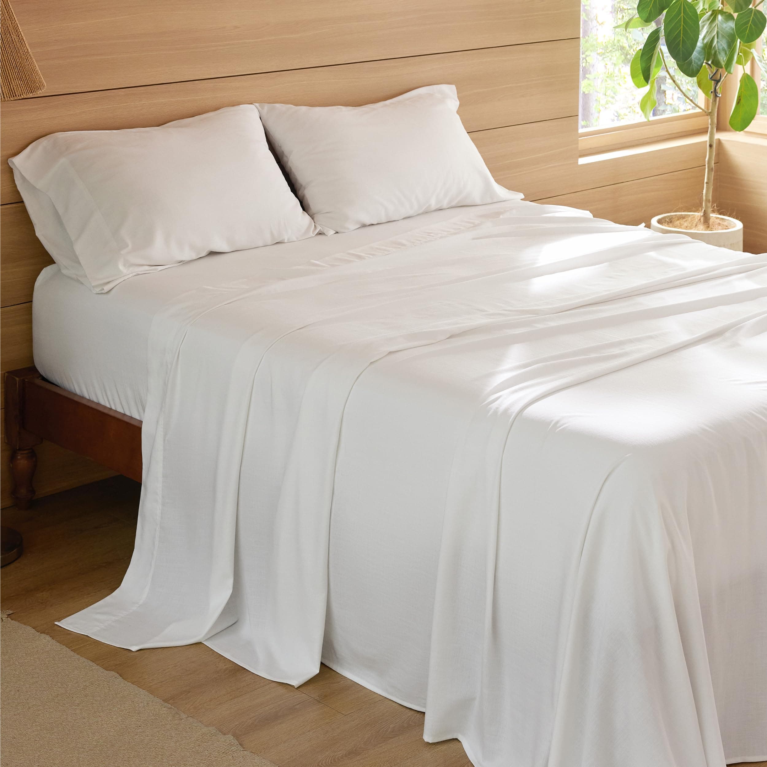 Bedsure Blend of Rayon Derived from Bamboo Linen Sheets, Cooling Sheets for Hot Sleeper, Queen Sheet Set Up to 16 Inches Deep Pockets, Breathable & Soft Bedding for Night Sweats - White