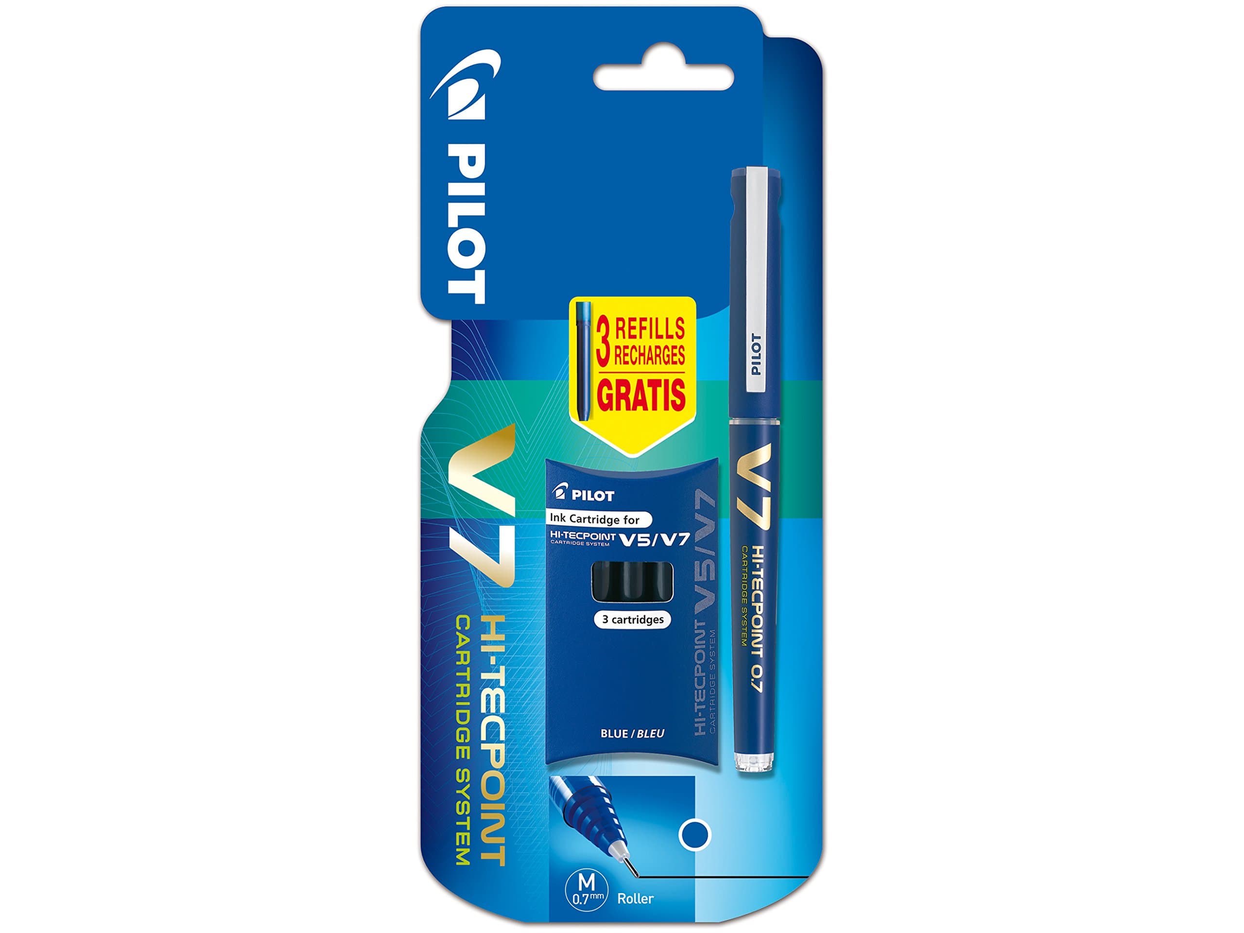 V7 Cartridge System Liquid Ink Rollerball 0.7 mm tip Single Pen with 3 Refills - Blue