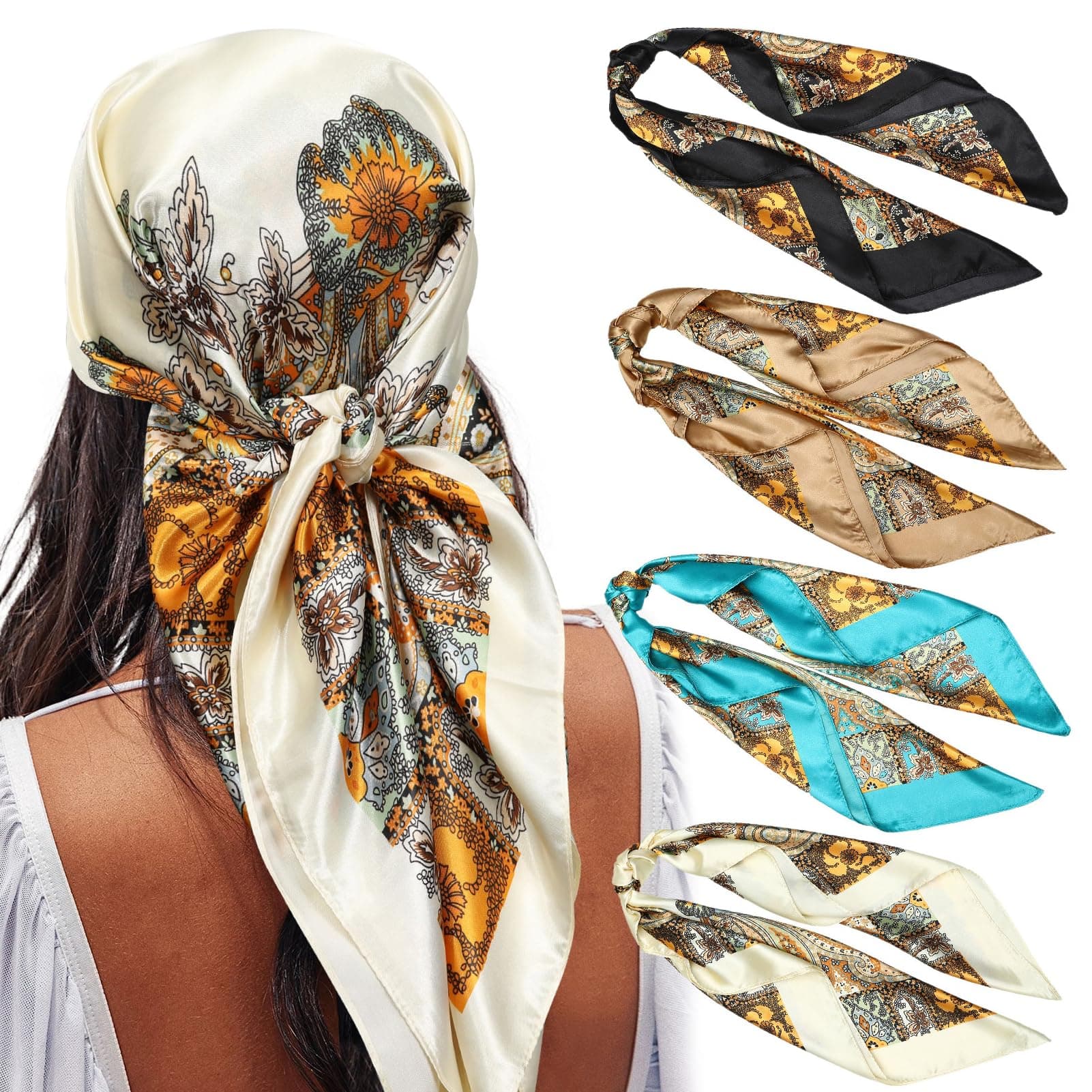 AWAYTR 35” Large Square Satin Head Scarf - 3Pcs Hair Scarves Silk Bandana Headscarf Silk Feeling Scarf for Women