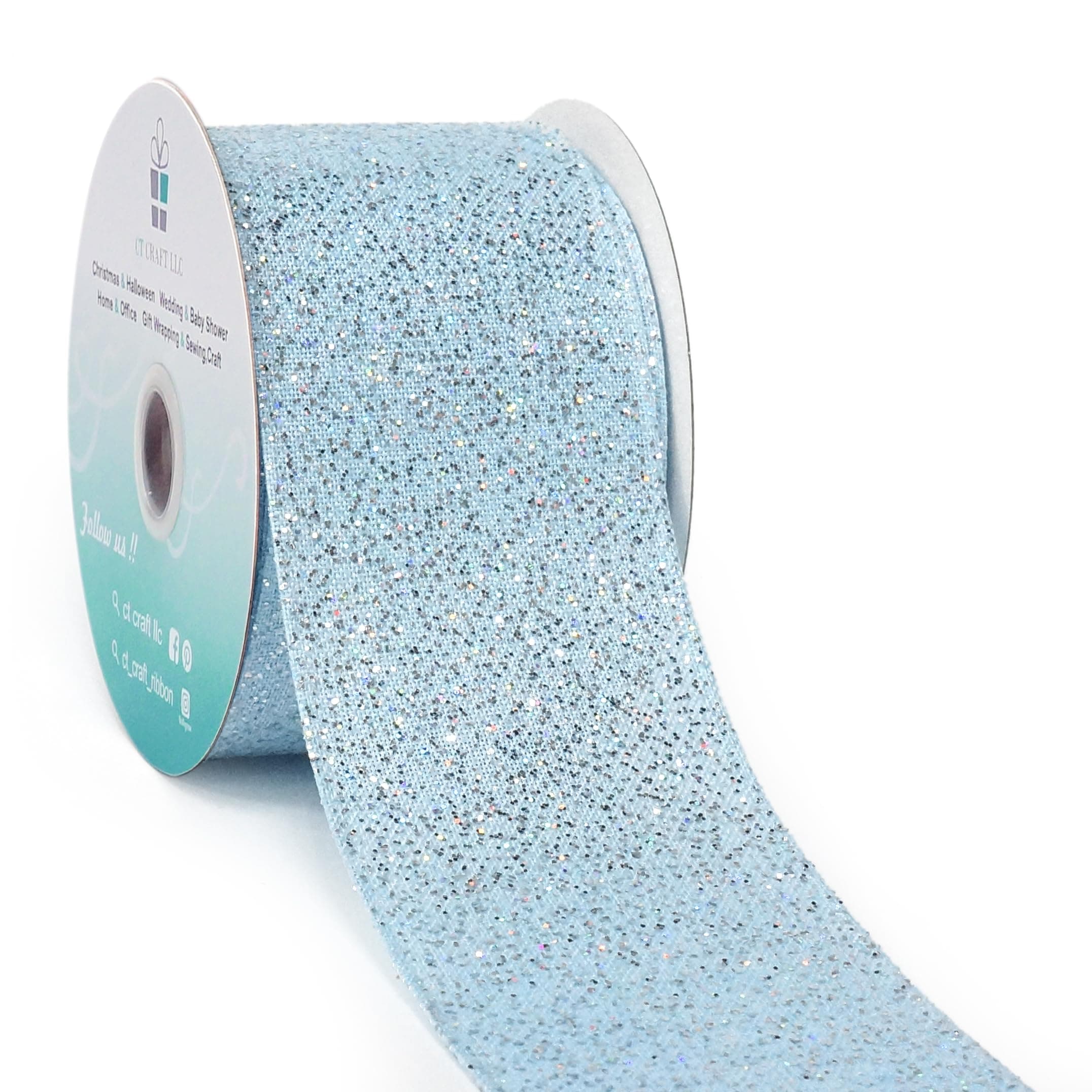 CT CRAFT LLC Sparking Silver Glitter Wired Ribbon 2.5" x 10 Yards Blue/Silver for Christmas Home Decor Bow Gift Wrapping DIY Crafts Wreath