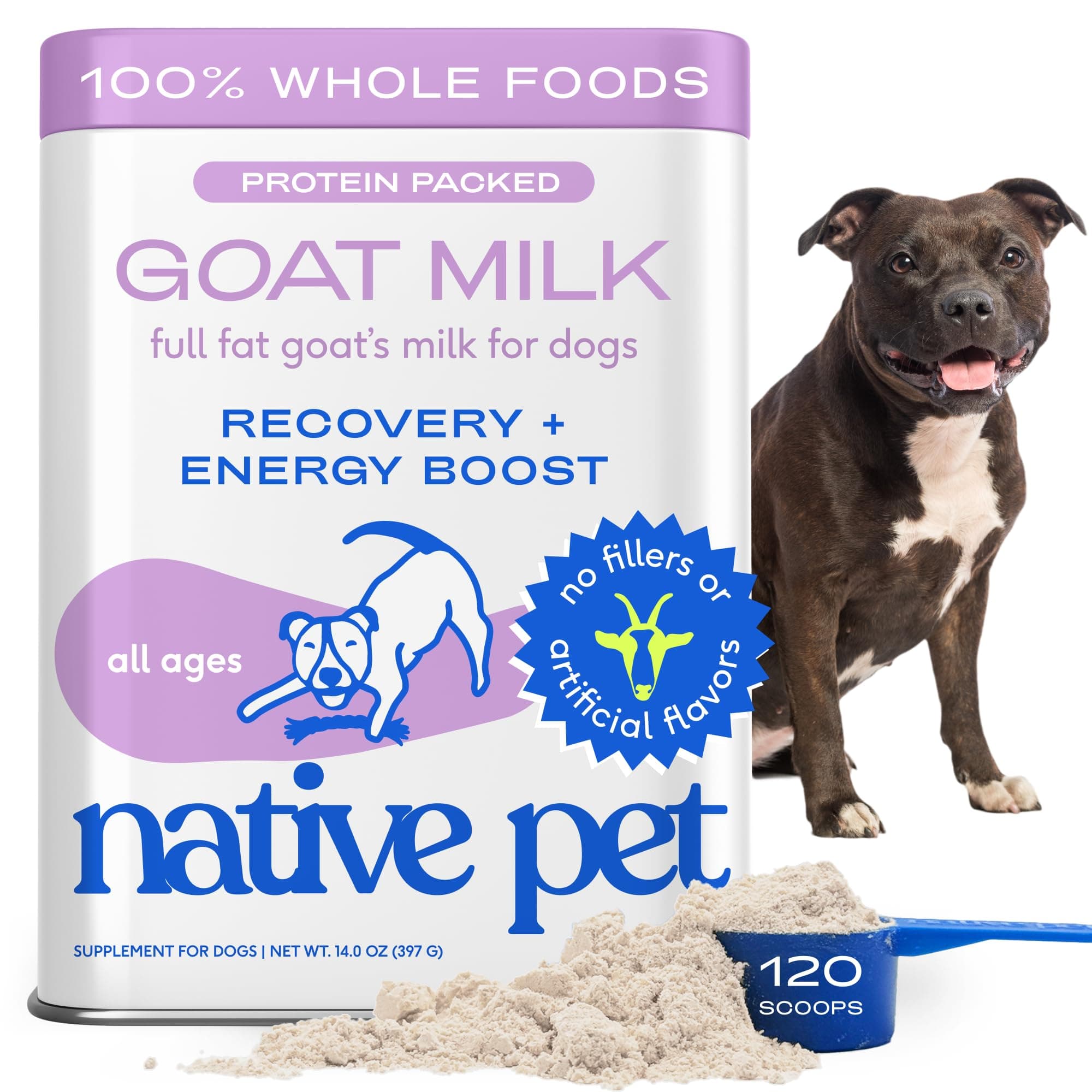 Native Pet Goat Milk Powder - Dog Food Topper for Active Dogs - Post-Activity Recovery, Energy, Immune Support, Hydration & Bone Health - Whole Goat Milk with MCTs & Essential Minerals - 120 Scoops