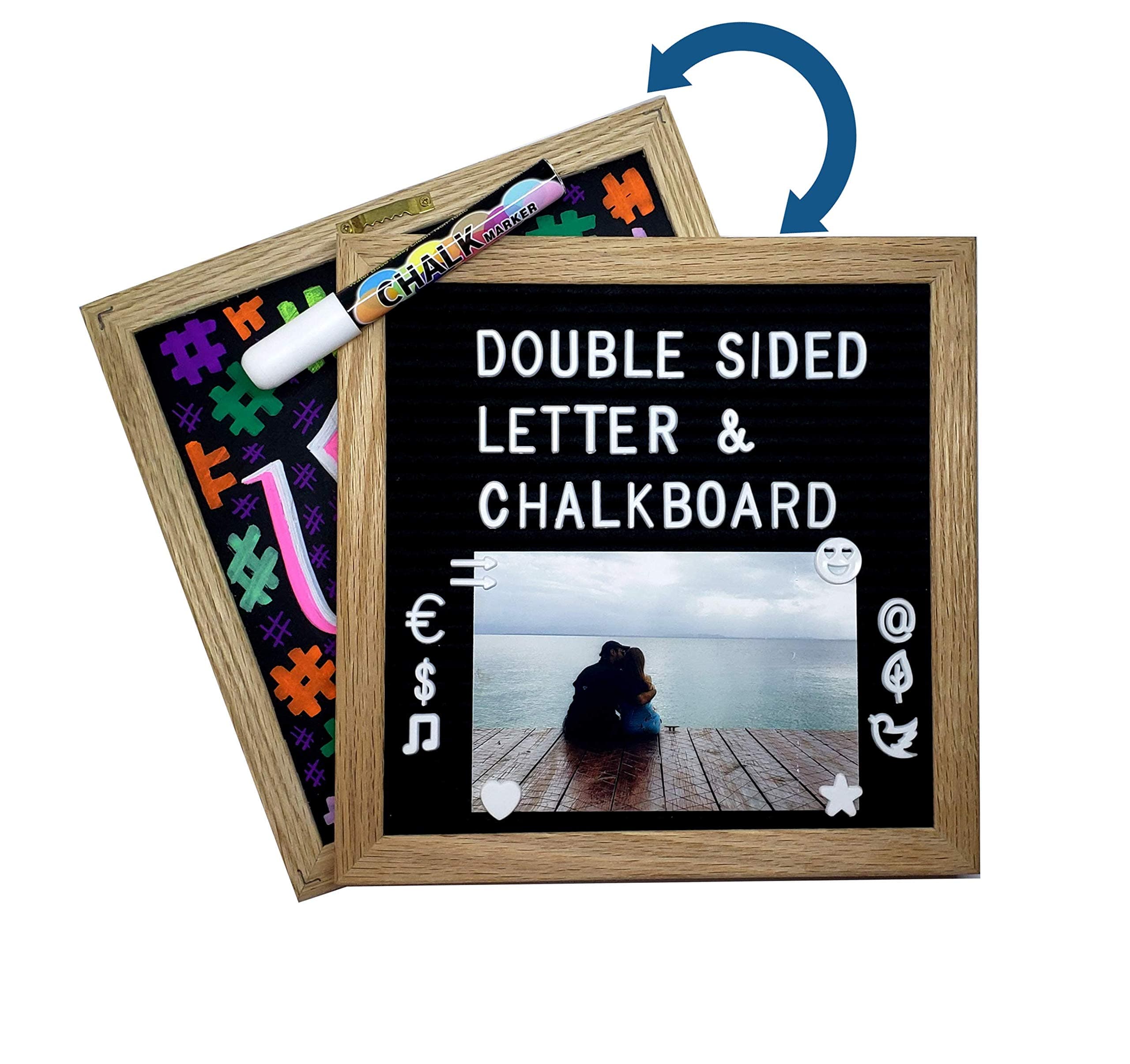 Felt Letter Board, Double Sided Letter Board & Chalkboard, 460 White Letters with emojis / Cursive Words / Tripod Stand / Liquid Chalk / Letter Bag / Wall mount, Oak frame, 10x10 inches. Realyss