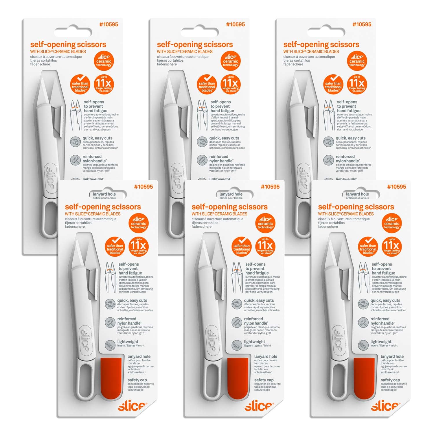 Self-Opening Scissors, Finger-Friendly Blades, Thread Snips, Portable, Ideal for Sewing/Tailoring, Easy-to-Use with Arthritis, Less Muscle Effort Needed, Safety Cap, Handy Lanyard Hole- 6 Pack