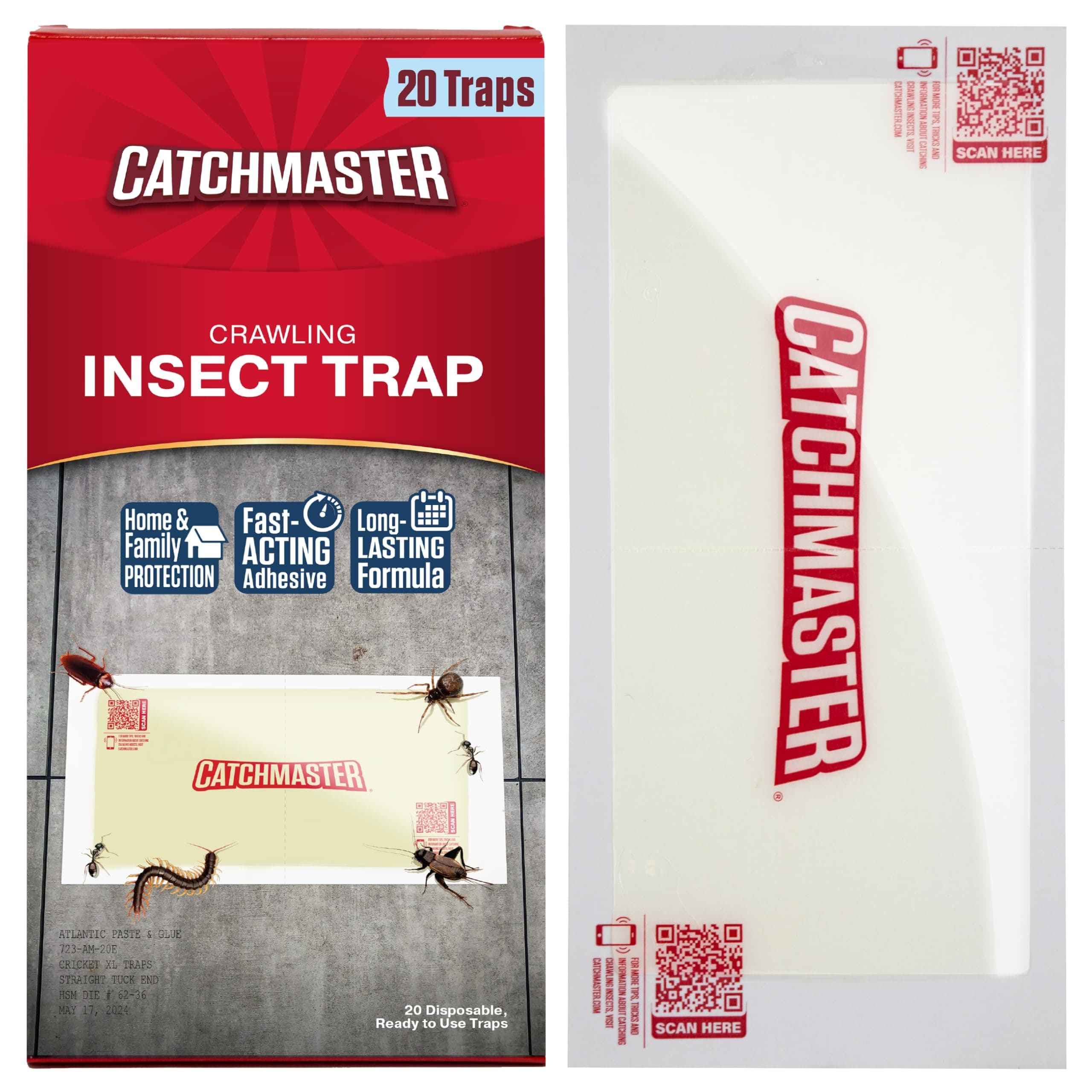 Catchmaster XL Extra-Strength Centipede & Spider Glue Traps 20-PK, Adhesive Bug Catcher, Spider, Cricket, Ant & Roach Traps for Home, Bulk Insect Glue Boards for House & Garage, Pest Control for Home