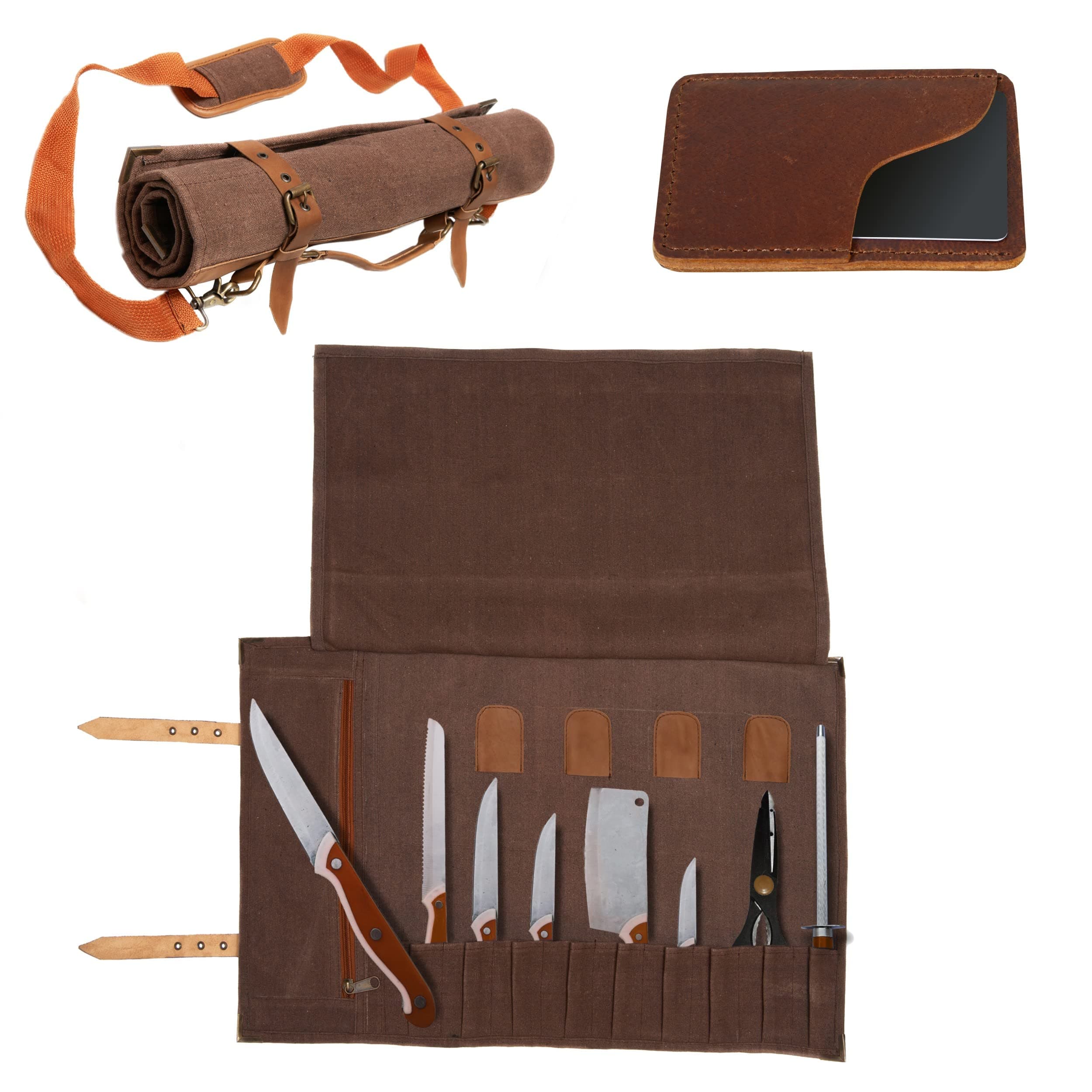 (US Based Company Chef Knife Roll Bag With 10 Pockets, Tool Pouch And Leather Card Holder - Chef Knife Bag - Handmade Craftsmanship - Rugged Industrial Quality - Bag Only - No Knives