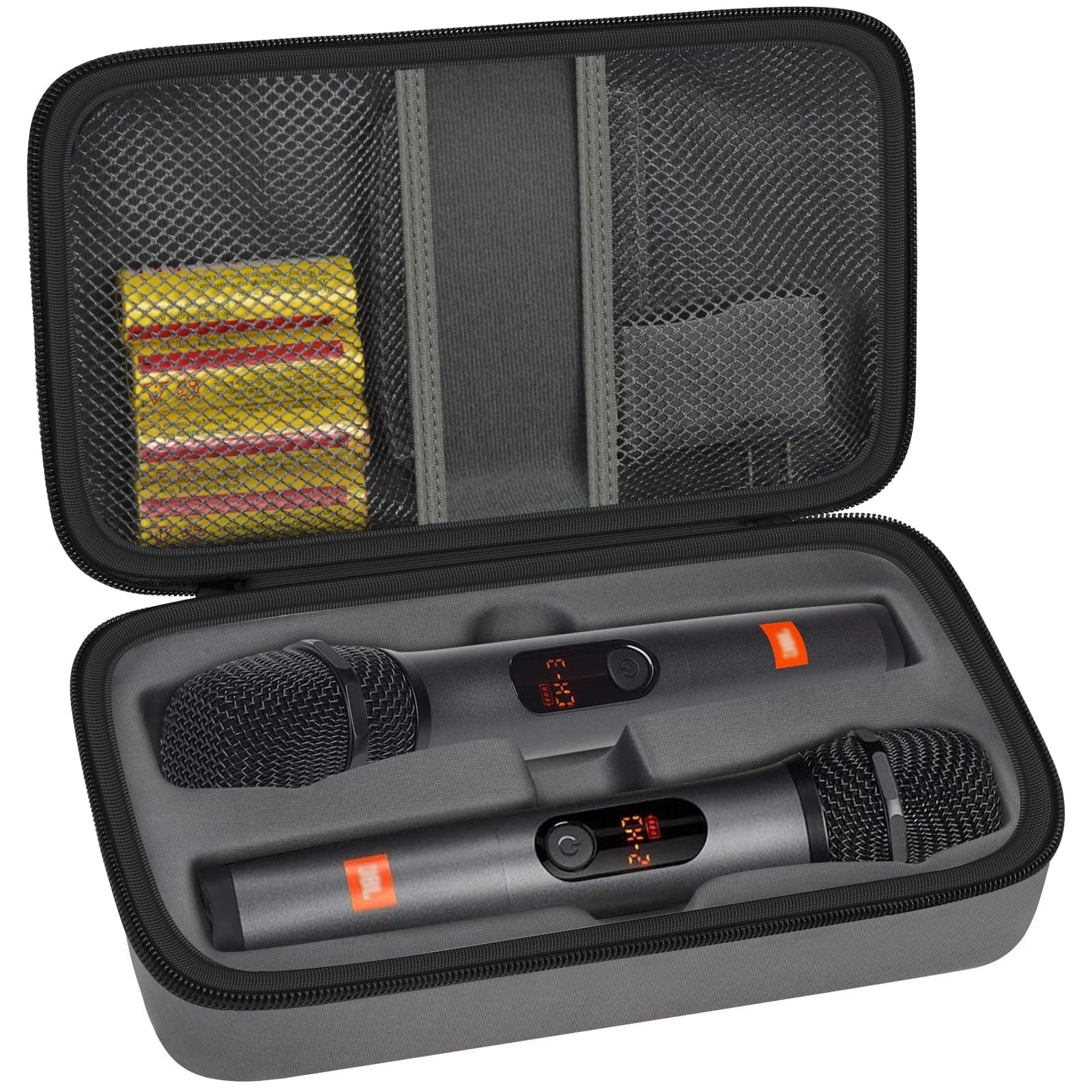 Wireless Microphone Case Compatible with JBL Wireless Two Microphone System, Handheld Dual Mic Travel Bag for Singing or Karaoke for Receivers, Adapters, AA Batteries, Grey, 11 x 6 x 3.25 inches