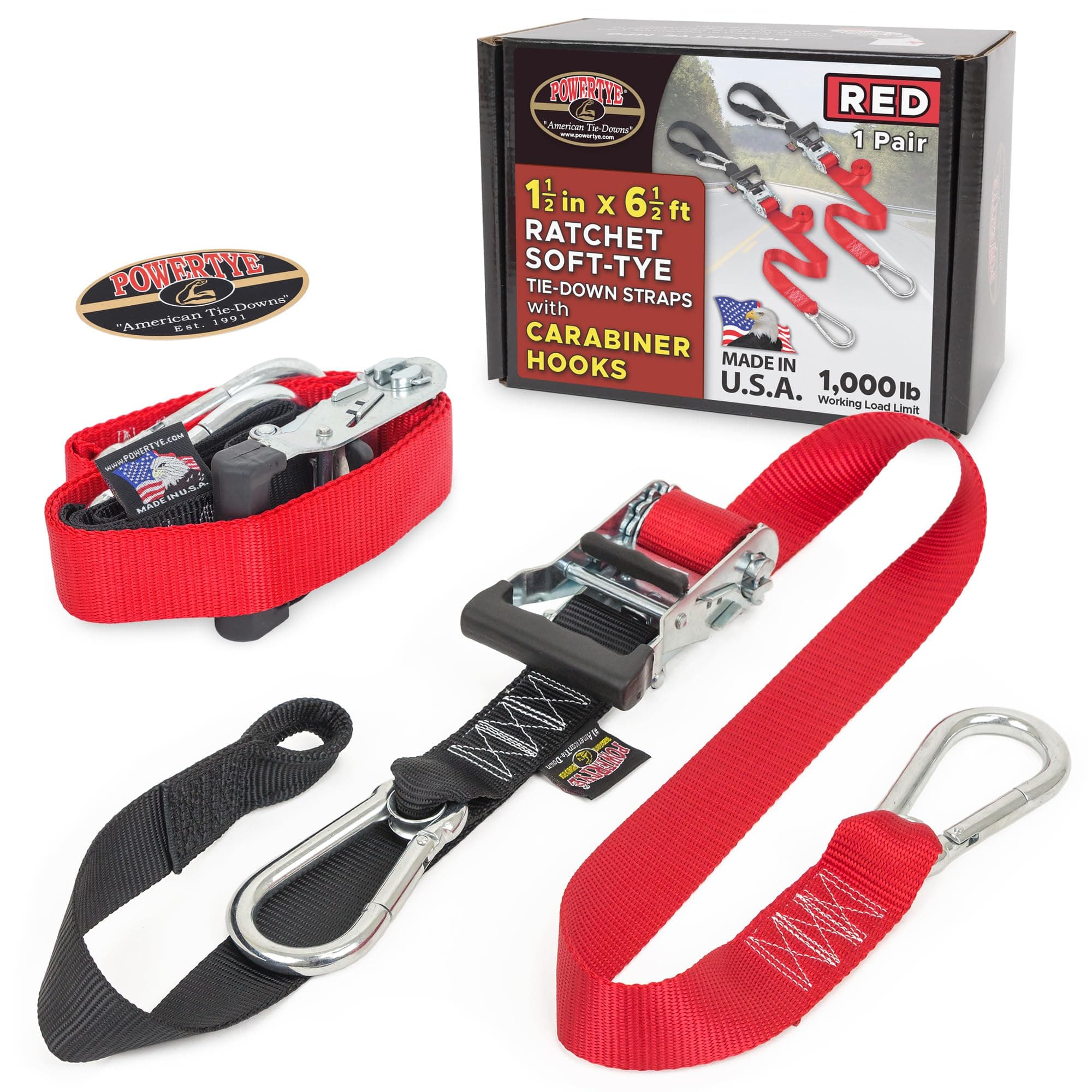 PowerTye 1½" x 6½ft Heavy-Duty Ratchet Tie-Downs, Made in USA with Soft-Tye and Carabiner Hooks, Red/Black (pair)