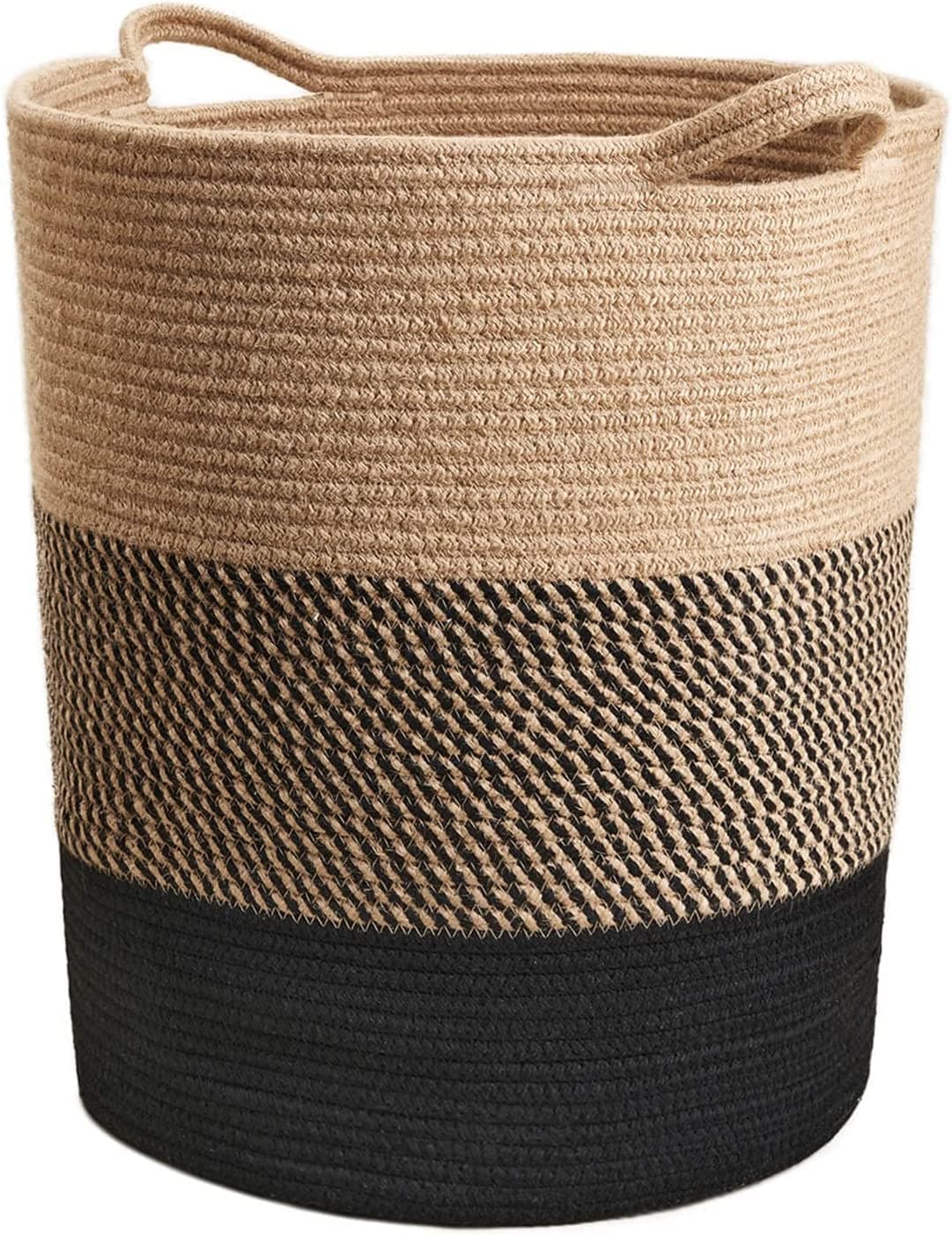 ALBY Laundry Basket Large Hamper, Woven Baskets for Storage, 17.8" x 15.8" x 13.8", Wicker Laundry Baskets for Living Room, Dirty Clothes Basket, Baby Hamper for Nursery, Black & Jute