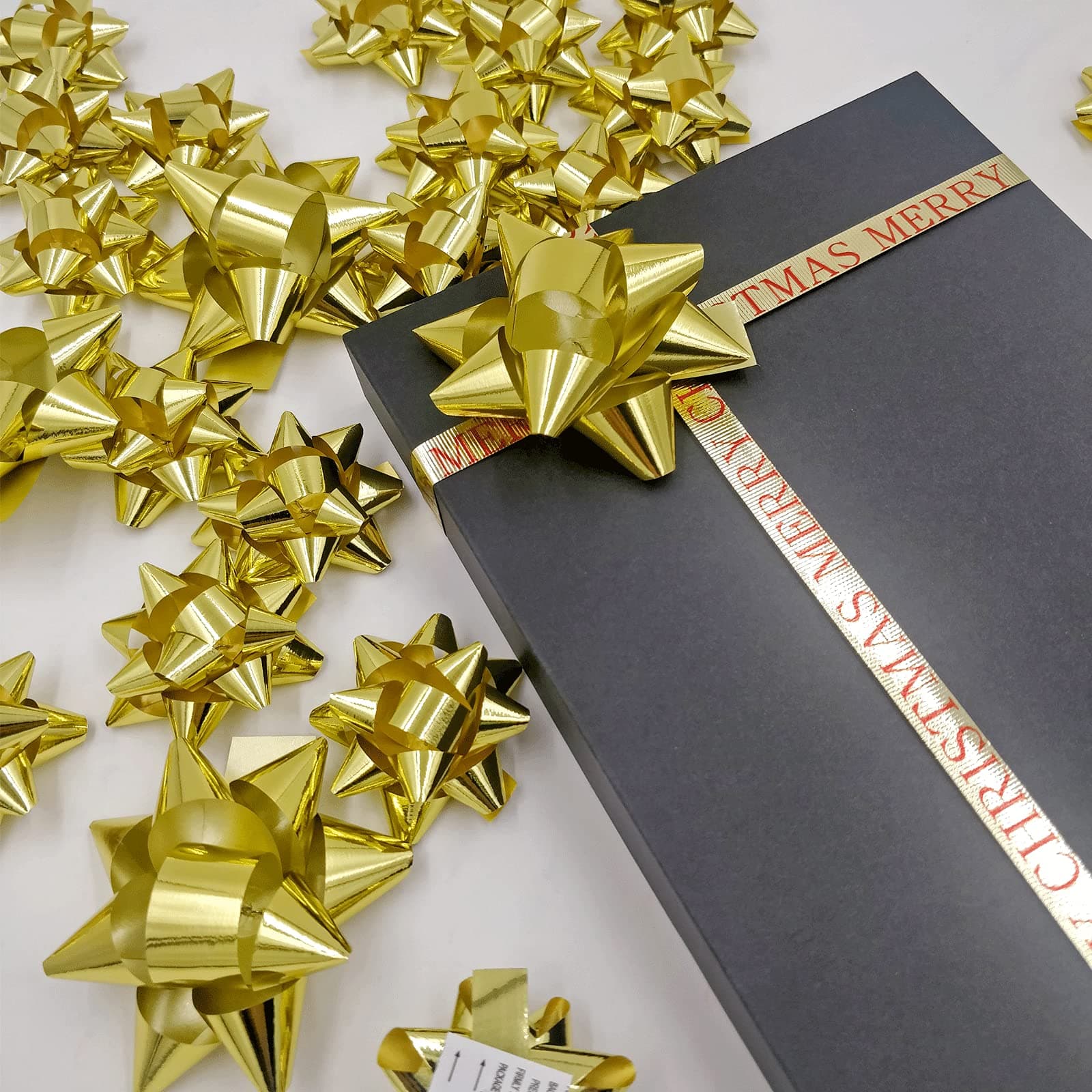 elify 80pcs Gold Mini Gift Bow- 2" 3" Inch Metallic Star Bow Small Tiny Stick On Bows for Present Holiday Christmas Birthday Party Decoration Wrapping