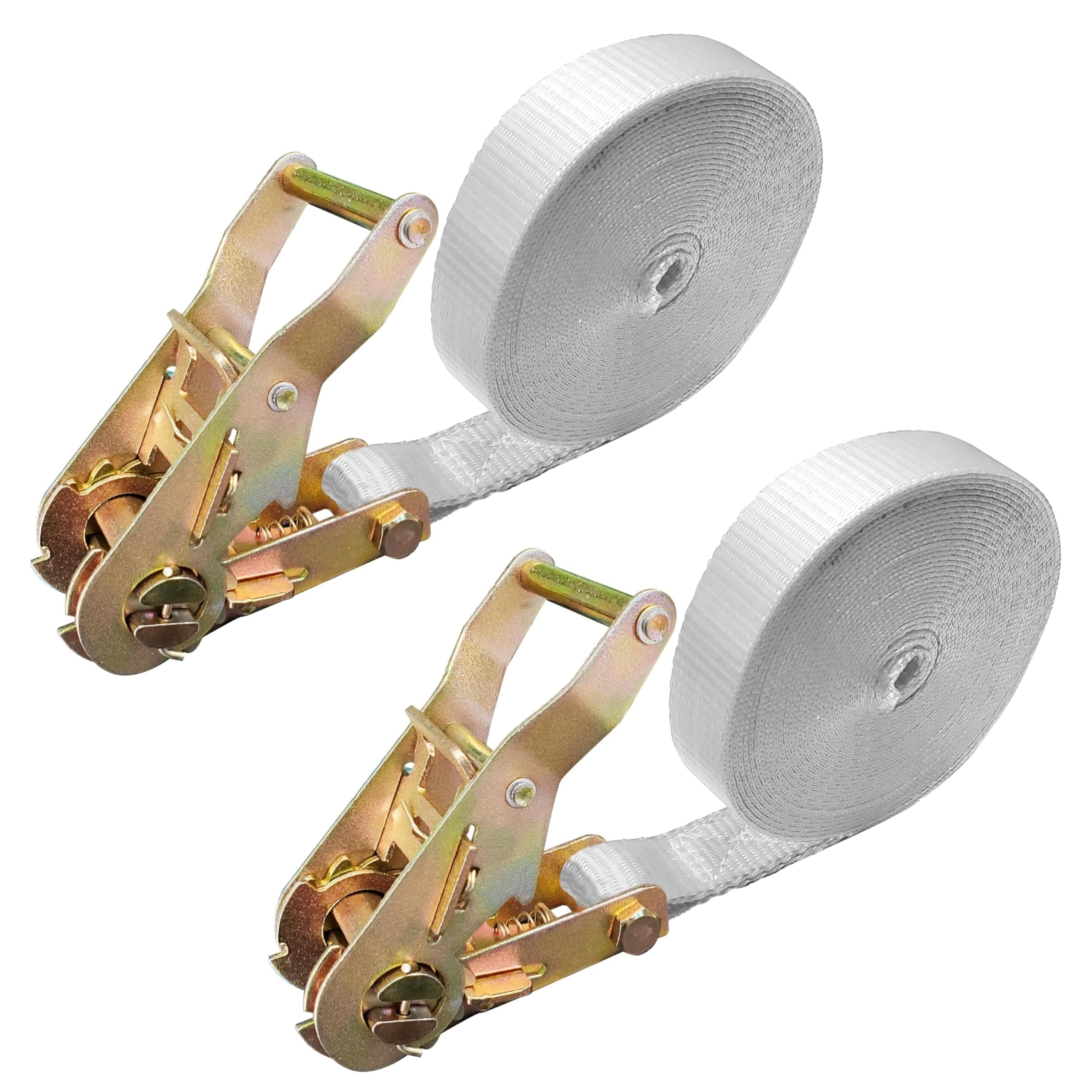 Mega Cargo Control 1” x 10’ Endless Ratchet Tie Down Straps | White Tent Securing Straps, Track Spring Fittings, Tie-Down Motorcycles, Trailer Loads, Kayak (2 - Pack) - Assembled in USA