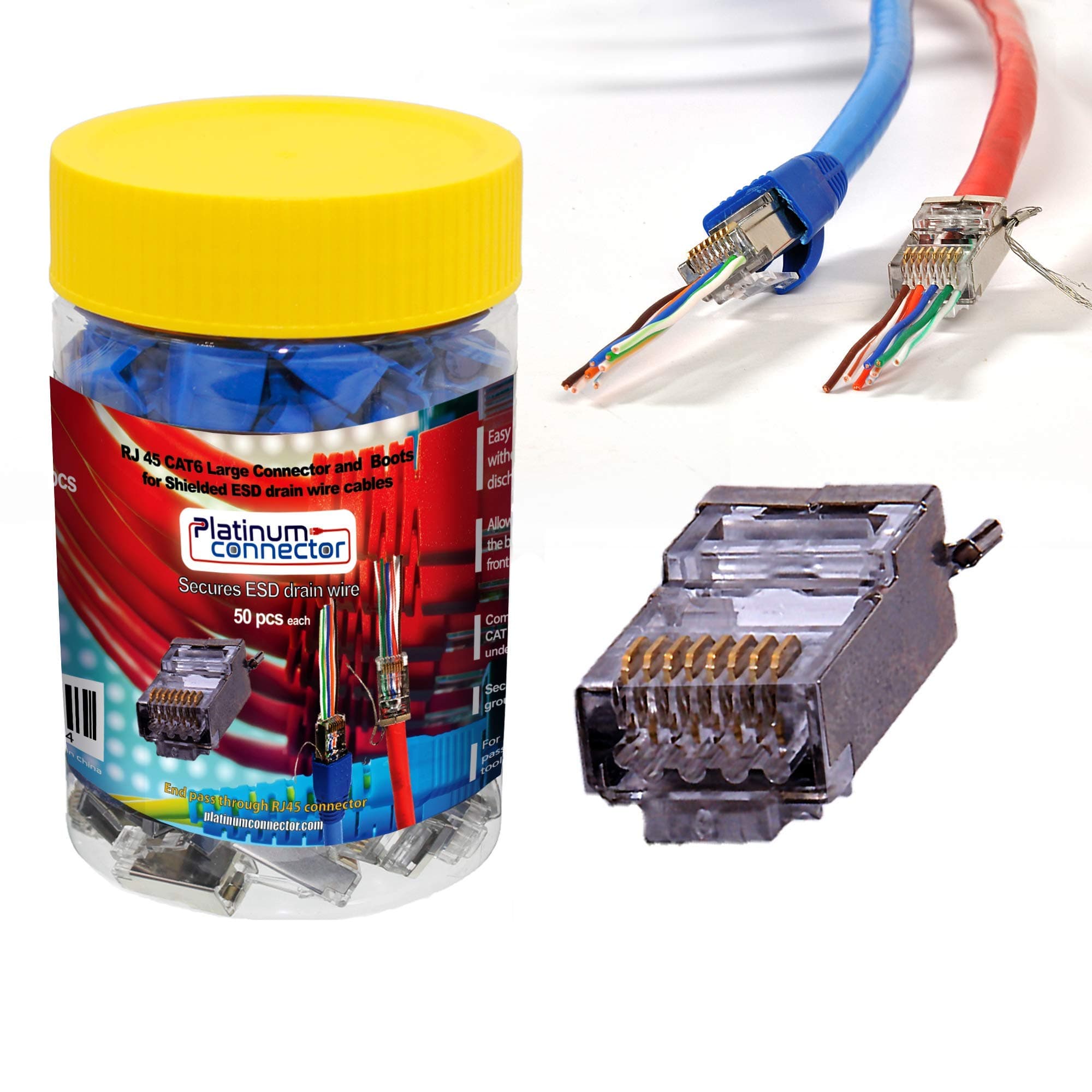 RJ45 Shielded pass through Connector with Boot (50pcs each) - 23AWG CAT6, ESD (external grounding)