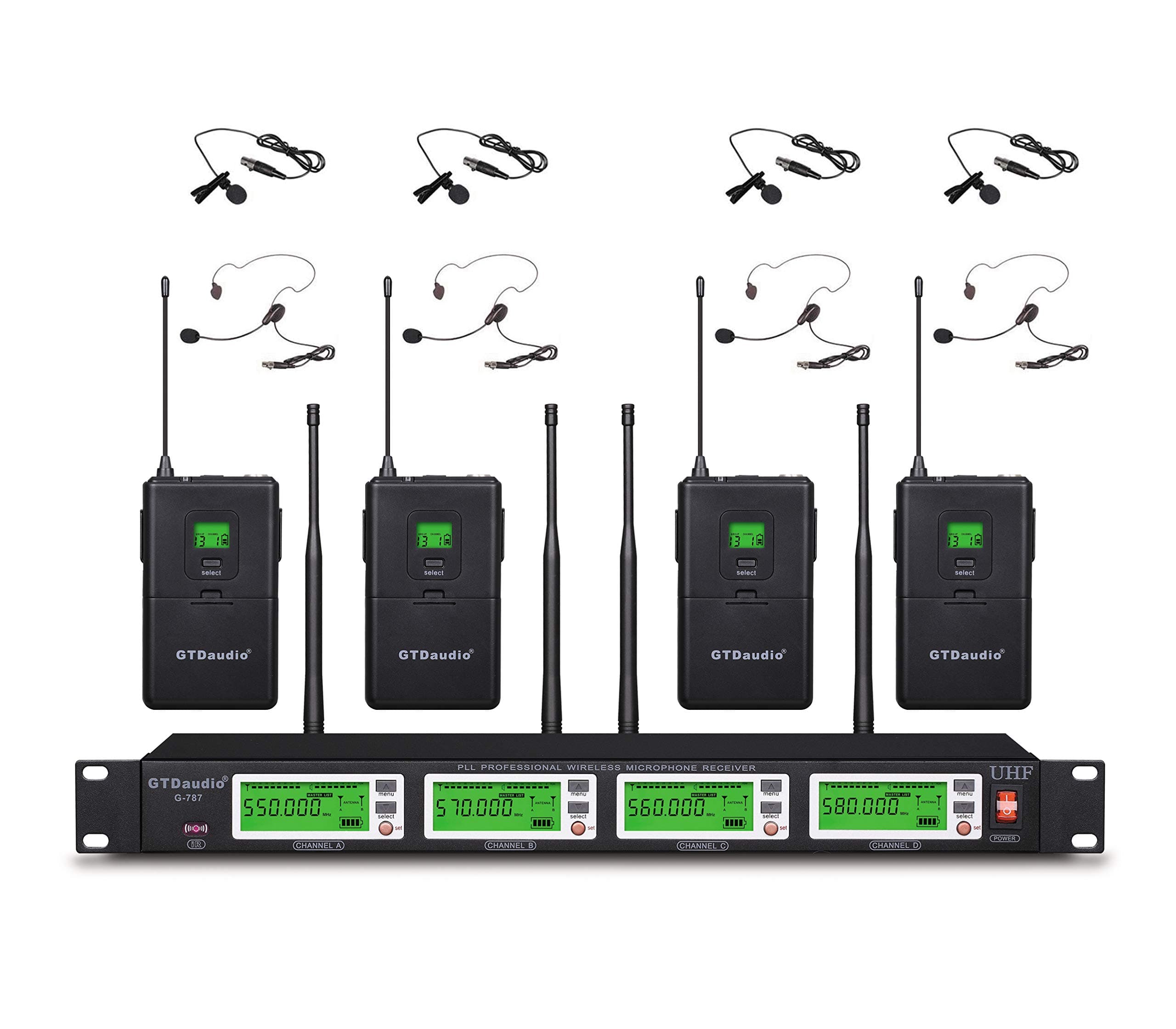 4x800 Adjustable Channels UHF Diversity Wireless Cordless Lavalier/Lapel/Headset Microphone Mic System 400fts (4 Body Packs)