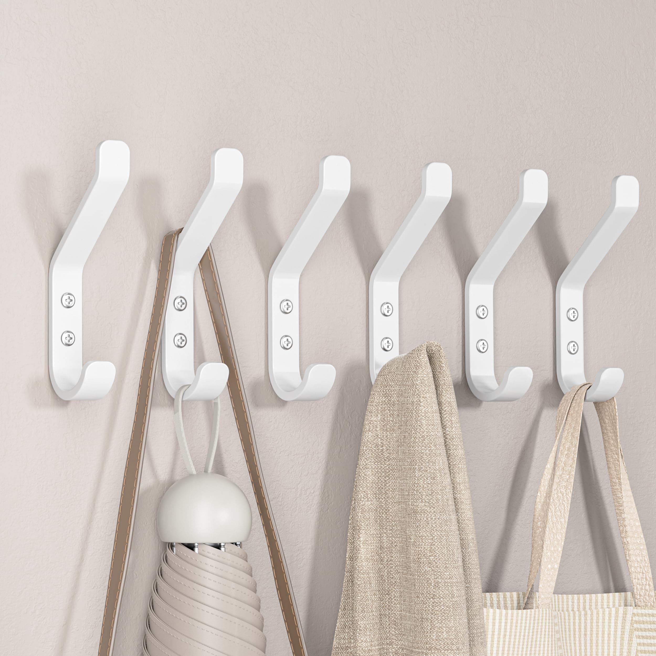 Coat Hook for Hanging, 20LB (Max), Stainless Wall Hooks for Towel, Hat, Backpack, Key, Clothes, Wall Mounted Coat Hanger for Closet, Metal, White, 6 Pack 3.75“