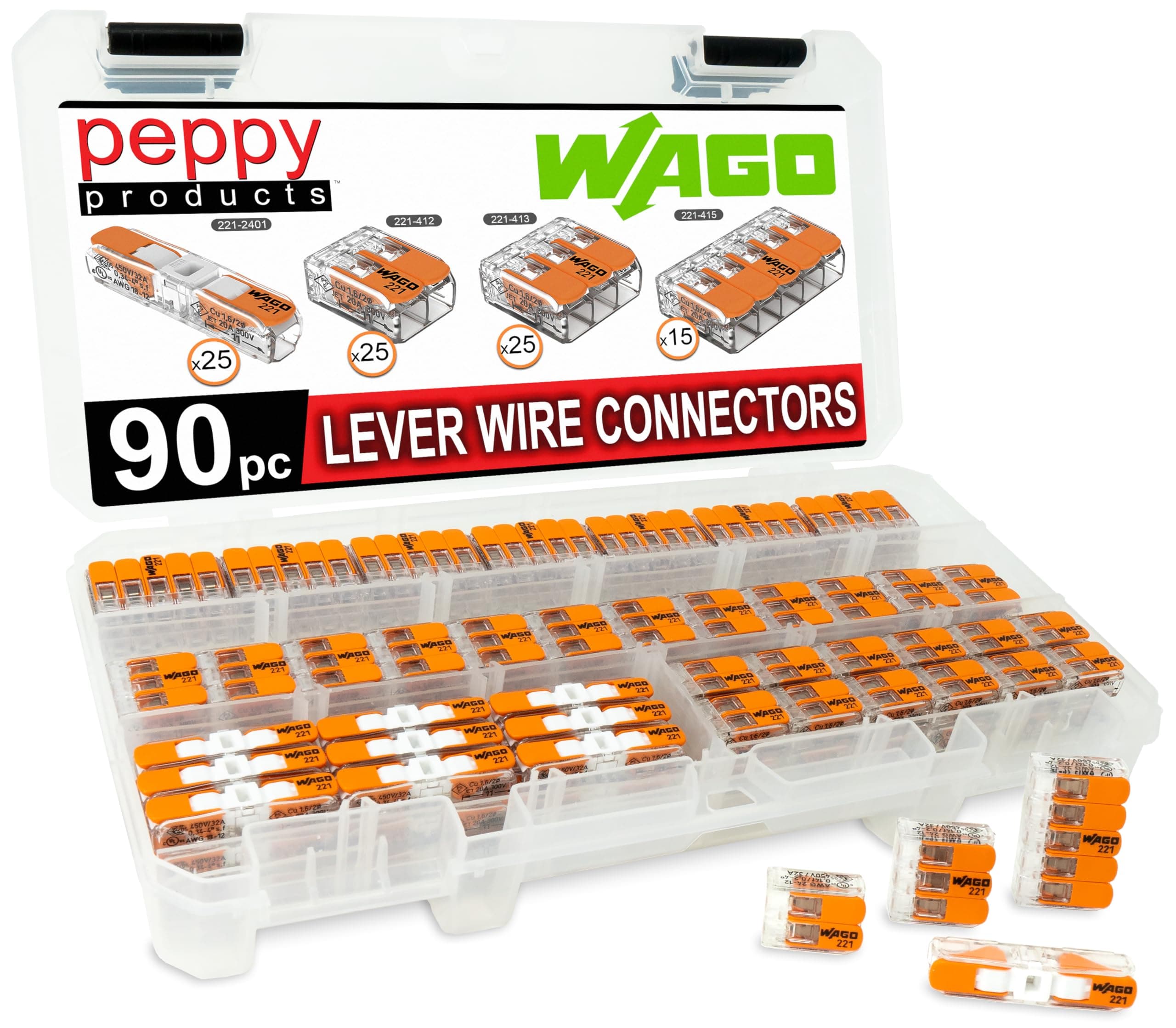 Wago 221 Lever Nuts 90Pcs Compact Splicing Wire Connectors With Assorted Case (25X) 221-2401, 221-412, 221-413, (15X) 221-415