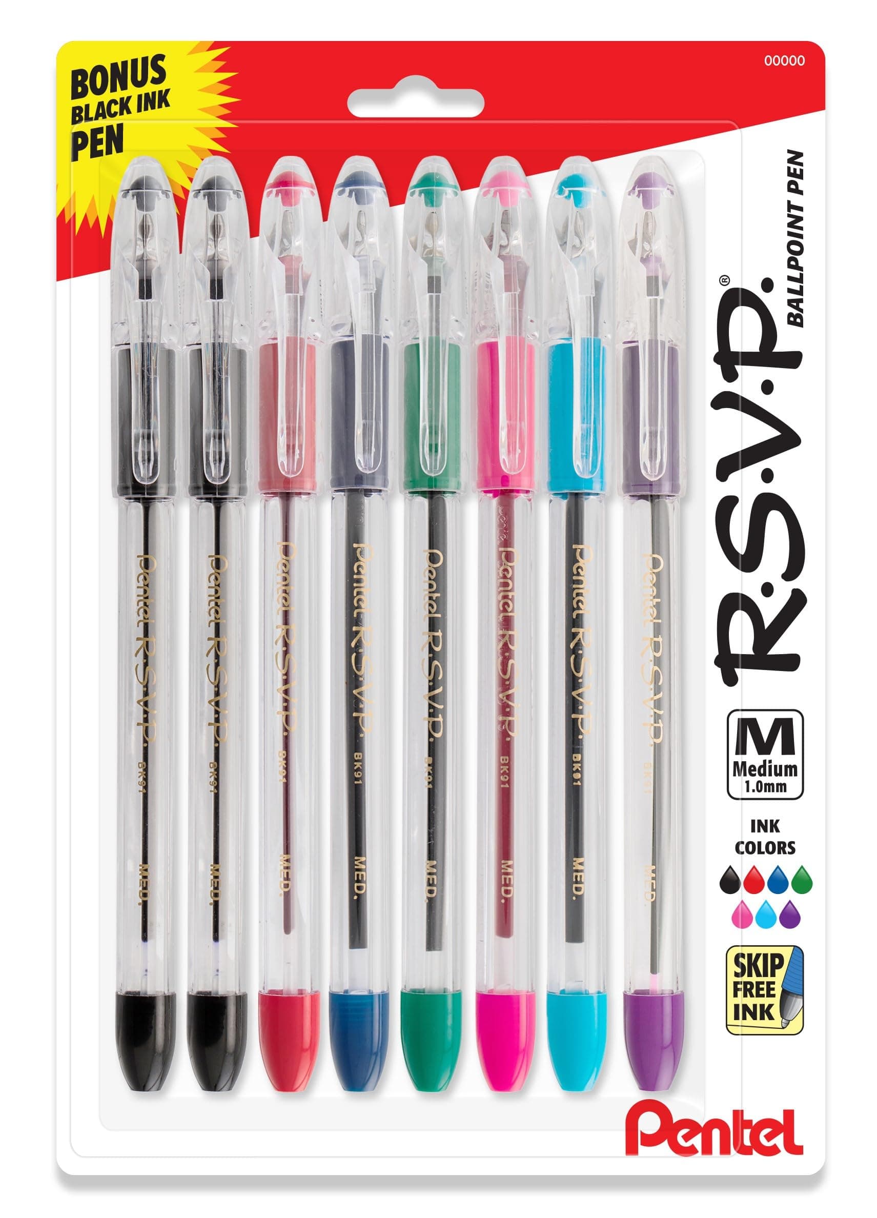 RSVP Original Ballpoint Pen, (1.0mm) Medium Line, Assorted Ink Colors, Clear Barrel, 8 Pack with Bonus Black Ink Pen