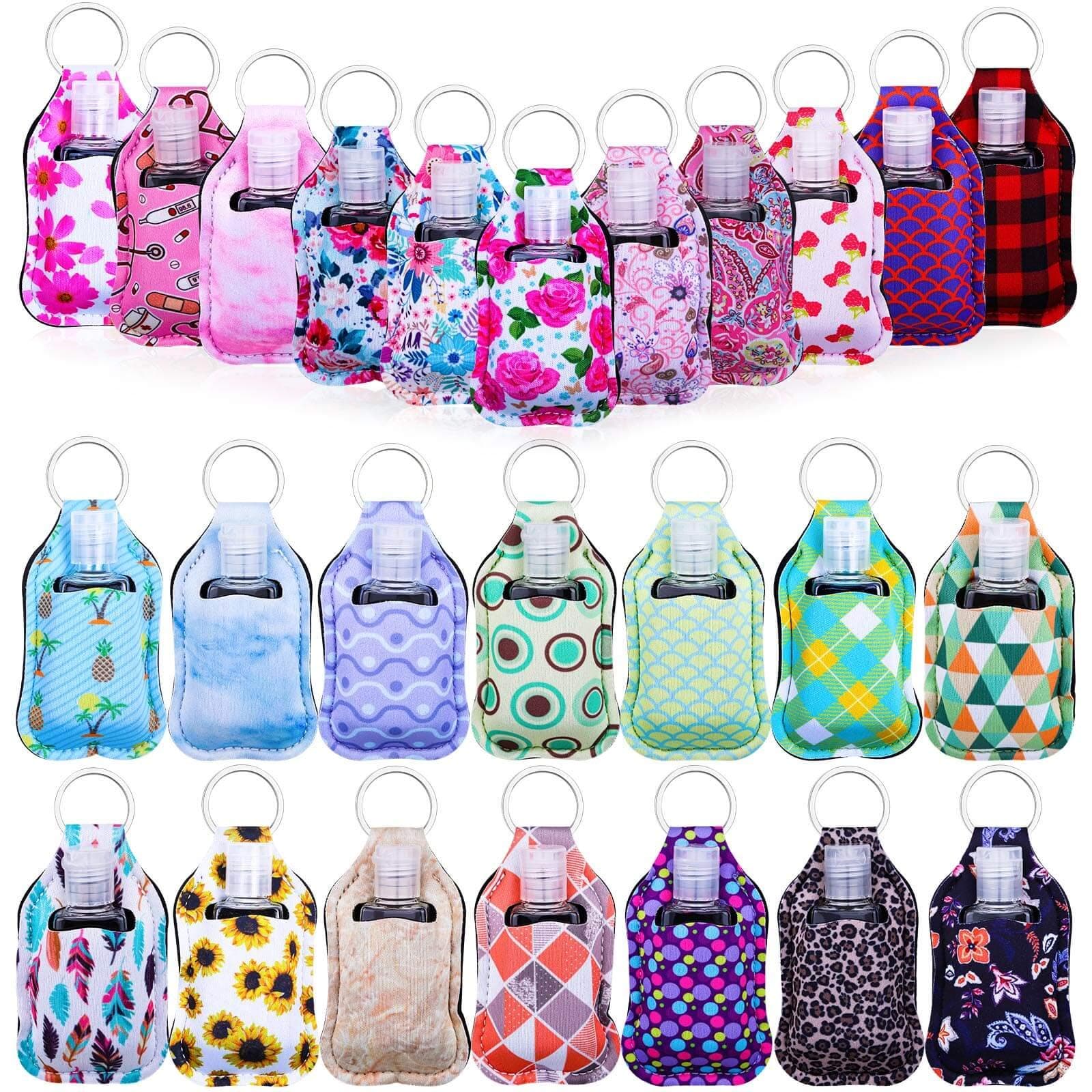 Bottle Keychain Holders, Includes Neoprene Keychain Holder, Key Ring Clips and 30 ml Portable Clear Travel Bottle Refillable Empty Containers