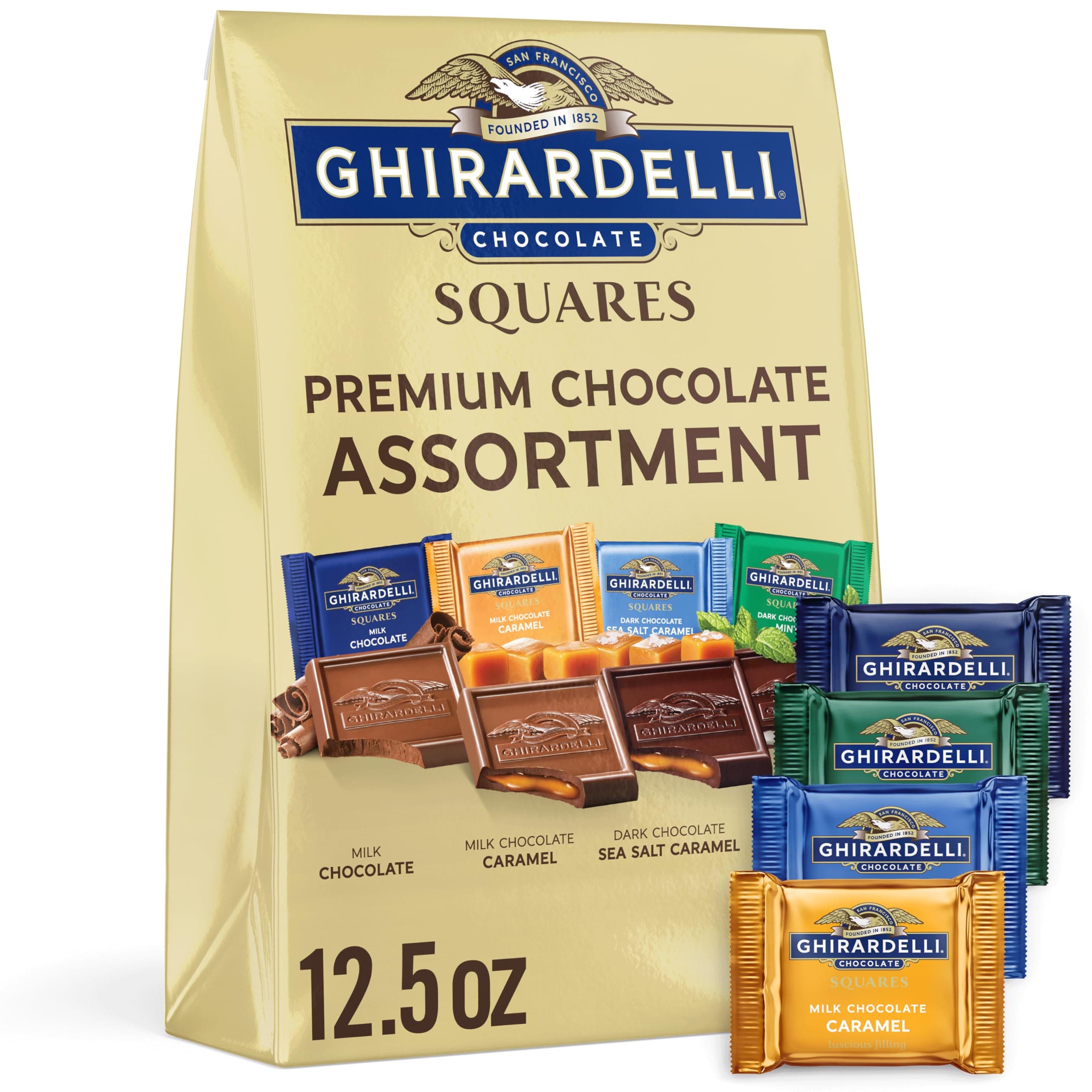 GHIRARDELLI Premium Chocolate Assortment SQUARES, 12.5 oz Bag (Pack of 3), Variety Pack of Milk, Dark, Mint, and Caramel Chocolates