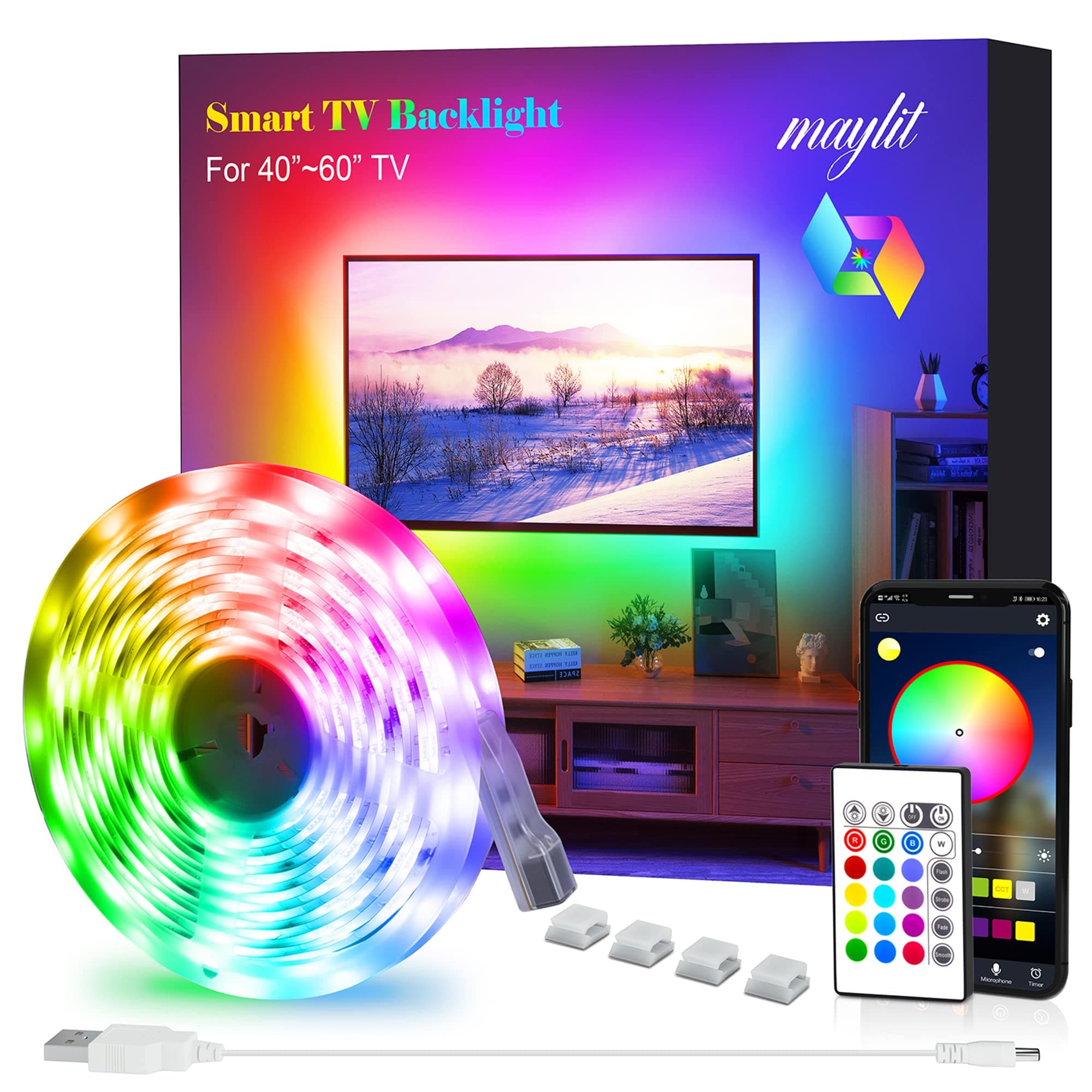 maylit Led Strip Lights, 8.2 ft Tv Led Backlight for 40-60 inch Tv Bluetooth Control Sync to Music, USB Bias Lighting Tv Led Lights Kit with Remote - RGB 5050 LEDs Color Lights for Room Bedroom