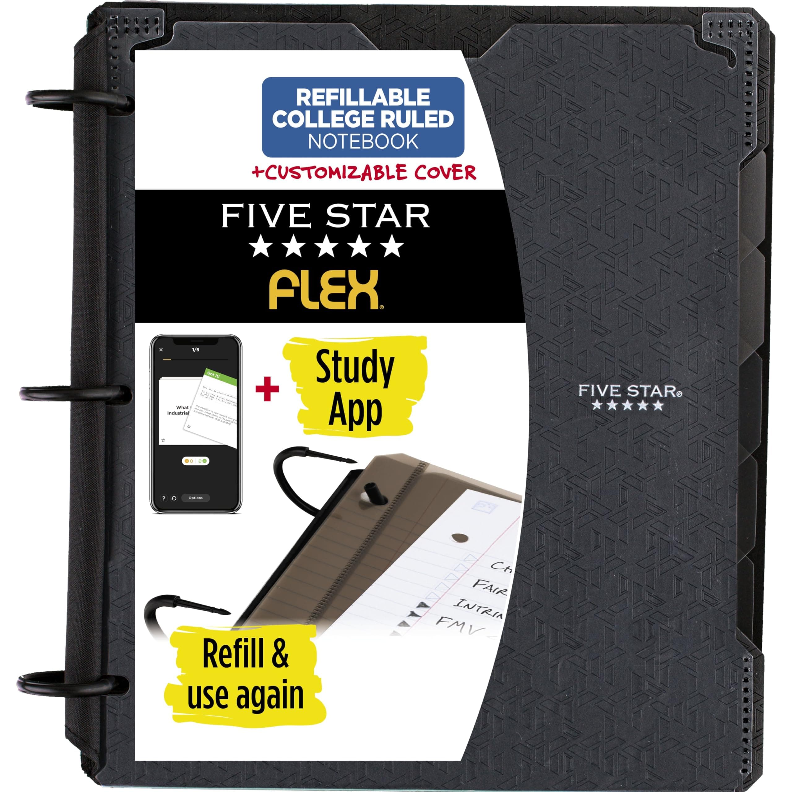 Flex Refillable Notebook + Study App, College Ruled Paper and 1 Inch TechLock Ring Binder with Customizable Cover, Pockets, Tabs and Dividers, 200 Sheet Capacity, Black (29326AA2)
