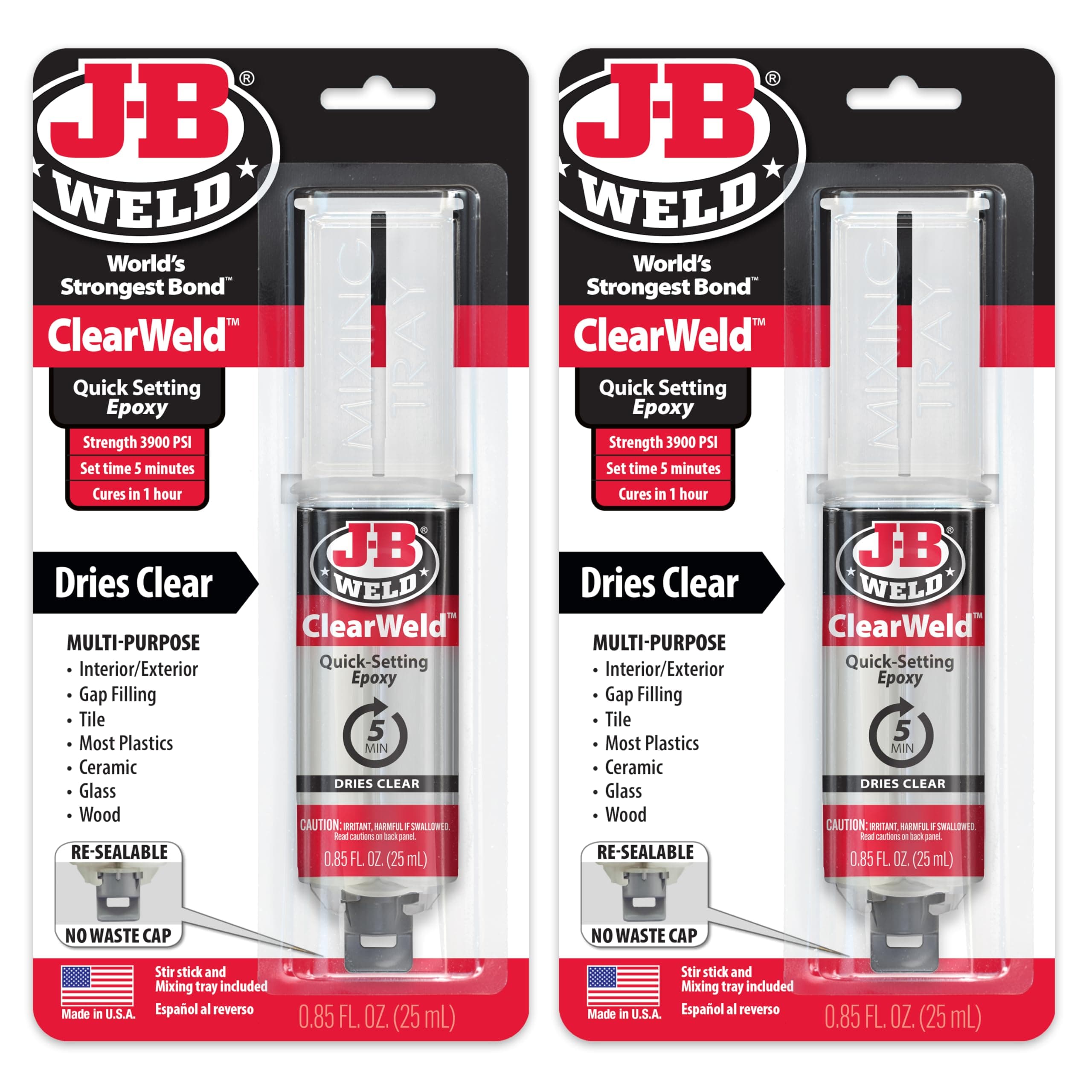 J-B Weld ClearWeld 5 Minute Epoxy, Clear, Syringe, 2 Pack, 50112-2