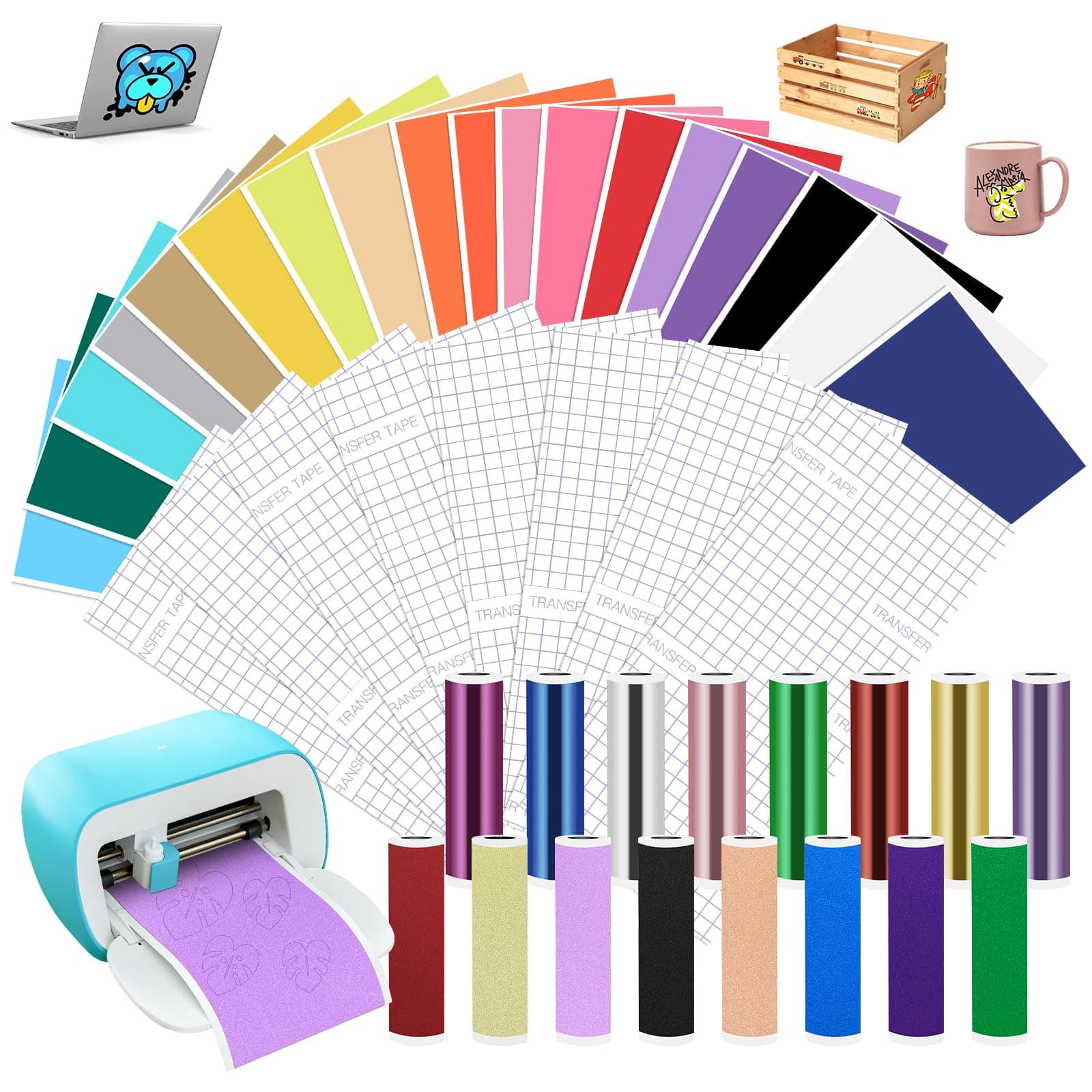 34 Sheets 12" x 5.5" Smart Vinyl Permanent for Cricut Joy with 8 Plotter Transfer Film Set, Glitter Chrome Gloss Self-Adhesive Plotter Film for DIY, Phone Cases, Laptops, Mugs, Cars