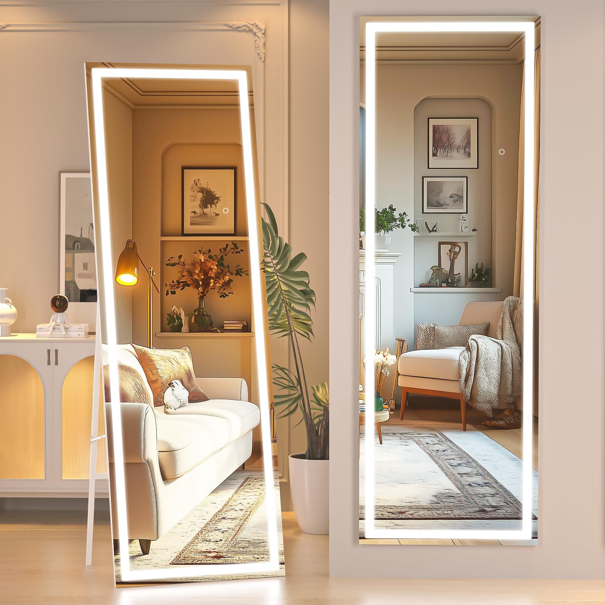 Hasipu Full Length Mirror with Lights, 56" x 15.8" LED Floor Mirror, Full Body Dressing Standing, Hanging Mounted Mirror for Living Room Bedroom Cloakroom, Square White