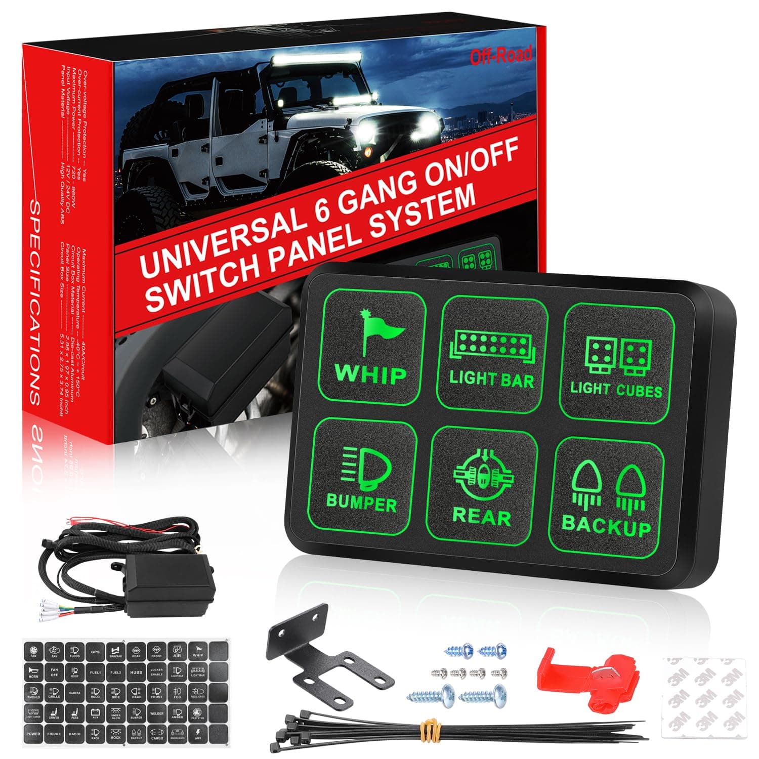 6 Gang Switch Panel, OFFROADTOWN Electronic Relay System with Circuit Control Box Waterproof Fuse Relay Box Wiring Harness Label Stickers for Car Jeep Truck Marine Boat ATV UTV
