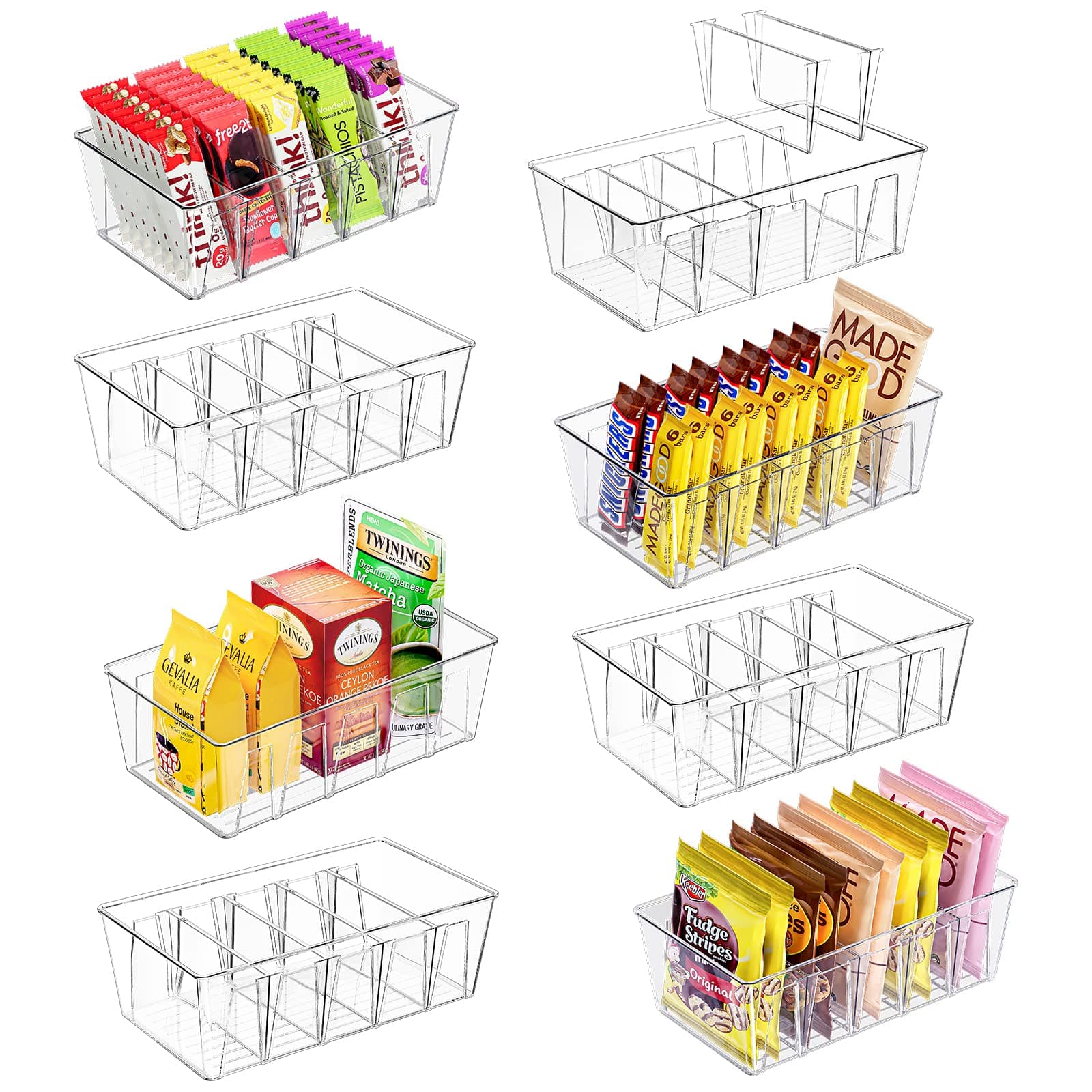 Puricon 8 Pack Pantry Organization and Storage Bins for Kitchen Fridge Countertop Cabinet, Stackable Clear Plastic Storage Racks with Removable Dividers, 5 Compartments for Snacks Packets Spices
