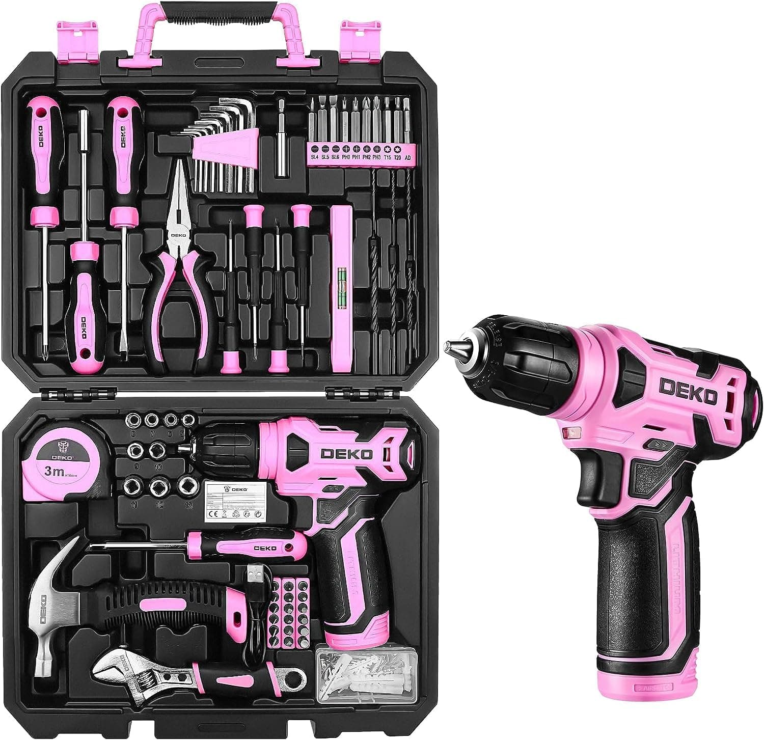 Pink Tool Kit: 126-Piece DIY Set with 8V Cordless Drill, Electric Drills & Hand Tools for Women