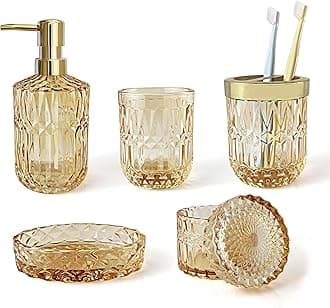 Clear Gold Bathroom Accessorries Set, 5Pcs Glass Bathroom Accessories, Lotion Soap Dispenser, Toothbrush Holder Set, Soap Dish, Tumbler, Qtips Holder for Bathroom Vanity Decor, Yellow Gold