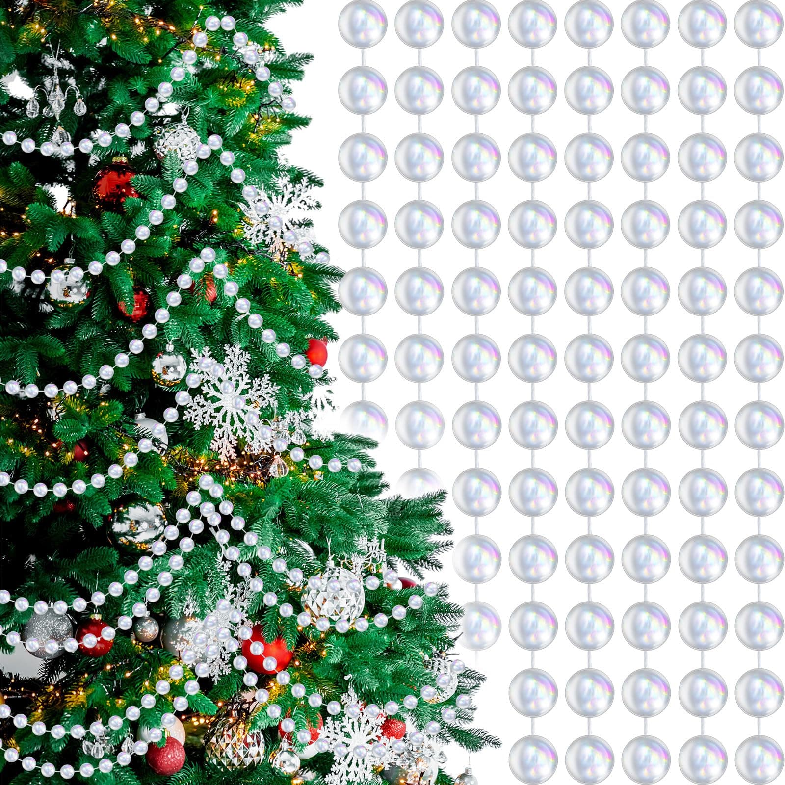 2 Pcs 18ft Christmas Bead Chain 1/2" in Diameter Christmas Tree Bead Craft String Pearls for Beaded Curtains, Wedding Party Decorations, DIY Christmas Tree Ornaments (Clear Iridescent)