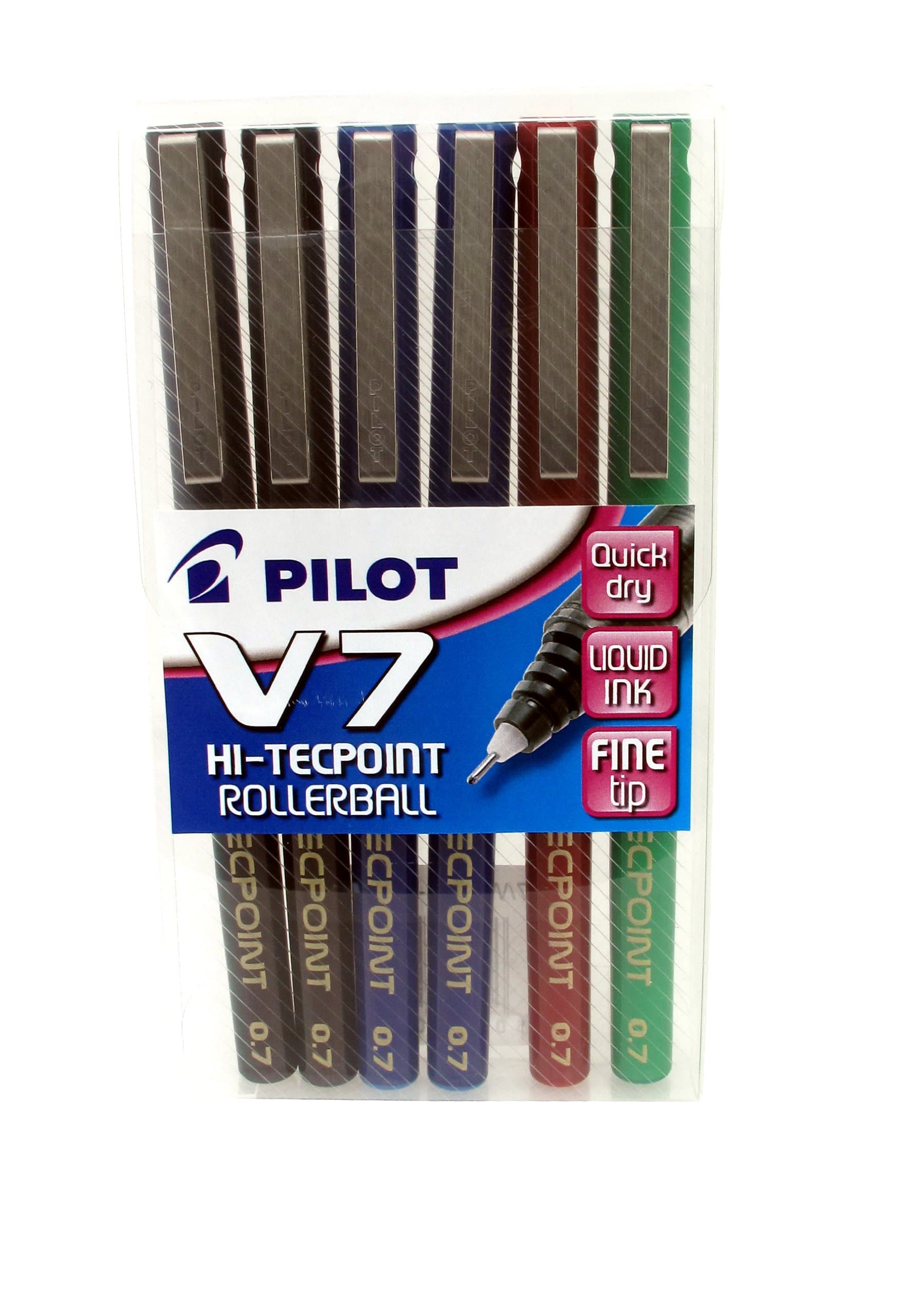 Pilot V7 Hi-Tecpoint Rollerball Pen, 0.7 mm Tip - Assorted, Pack of 6