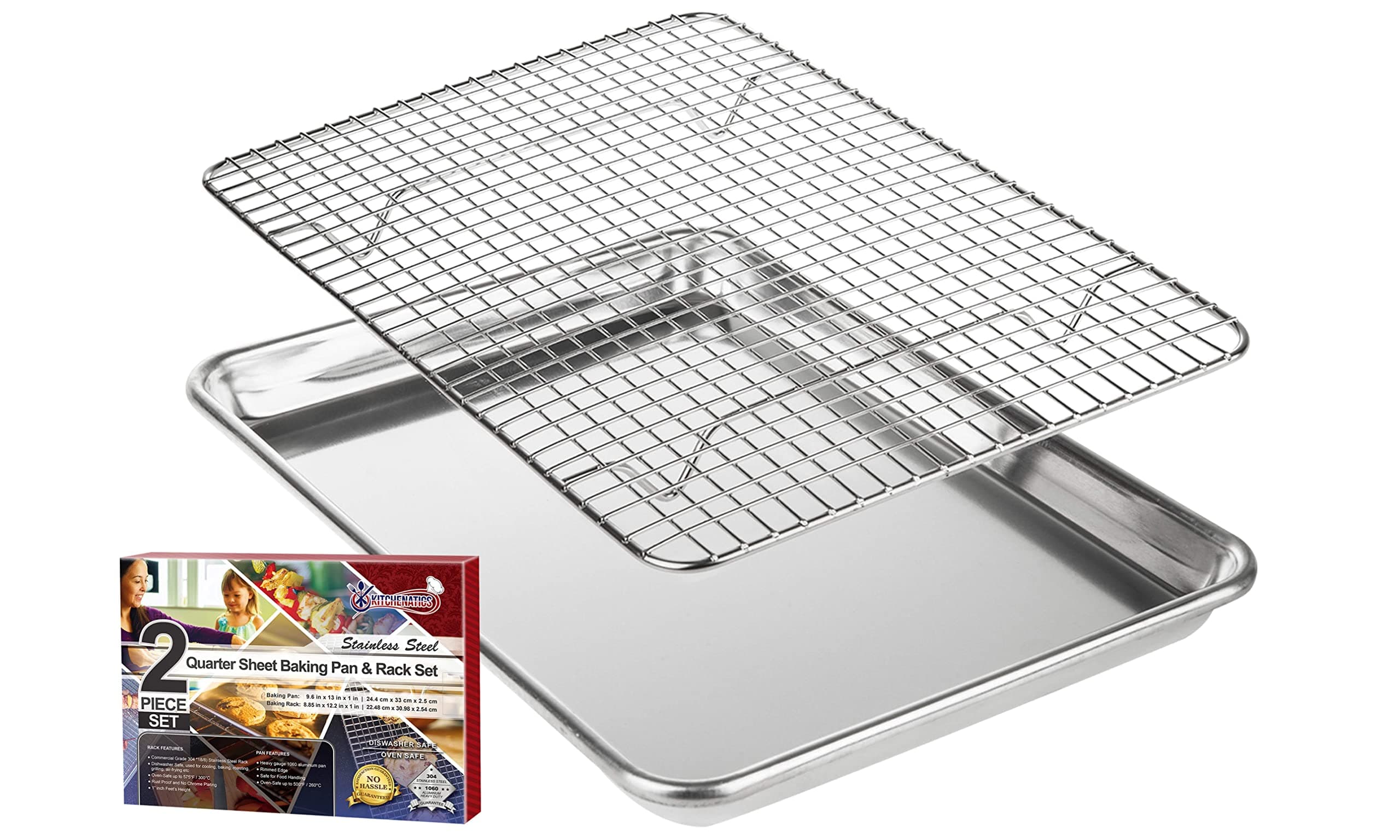 KITCHENATICS Small Quarter Sheet Baking Pan & Rack Set, 9.6" x 13" Aluminum Pan with Stainless Steel Rack, 1" Legs Height for Even Cooling