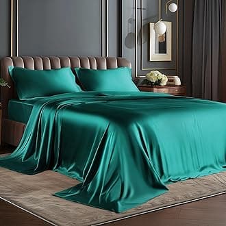 BEDELITE Satin Sheets Queen Size Bed Set, Luxury Soft Teal Silky Sheets for Hair and Skin, Similar to Silk Bed Sheets Set 4 Pieces （1 Deep Pocket Fitted Sheet, 1 Flat Sheet, and 2 Pillowcases）