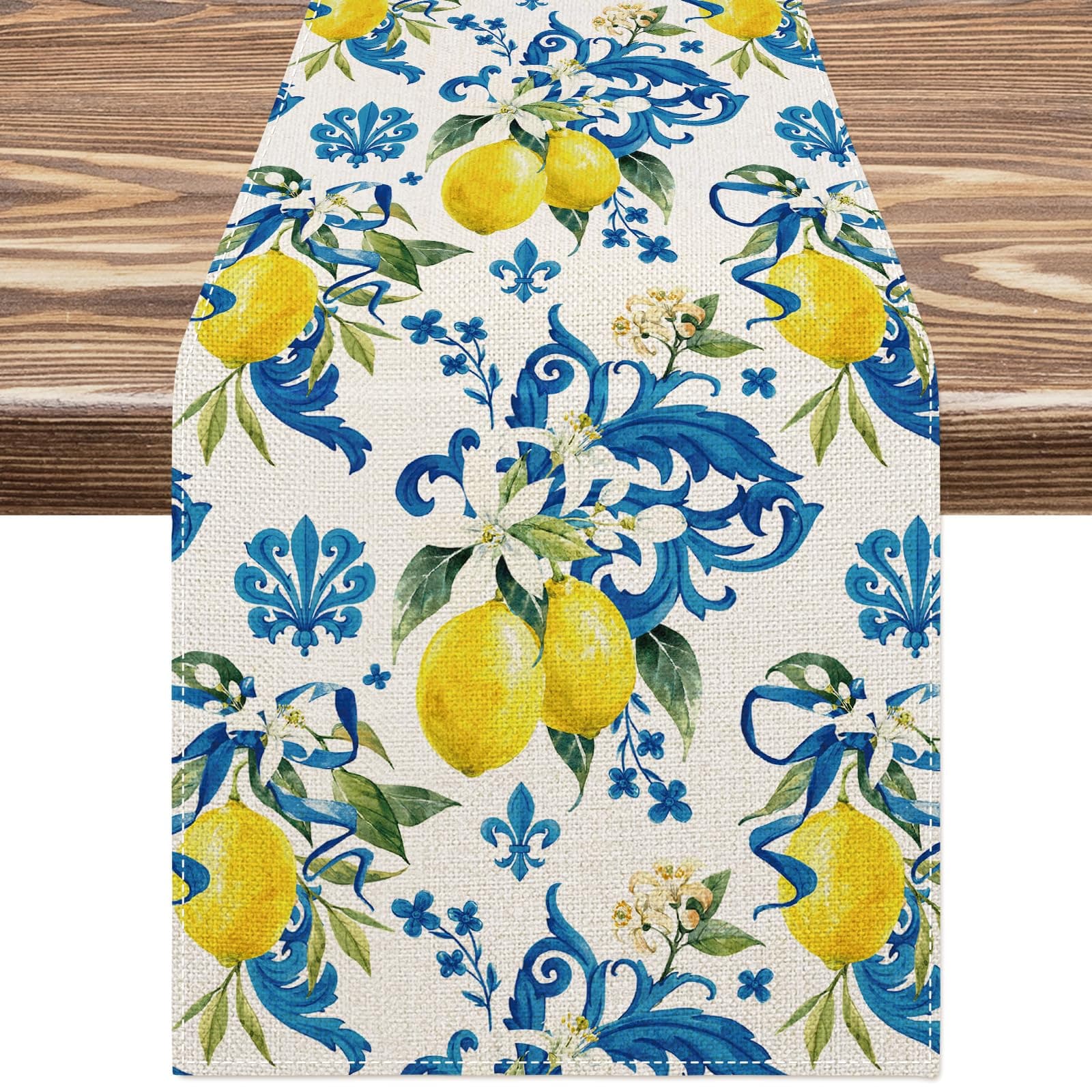 AnyDesign Lemon Table Runner Summer Blue Tiles Lemons Kitchen Dining Table Decoration Italian Lemons Table Cover for Indoor Outdoor Home Party Supplies, 13 x 72 Inch