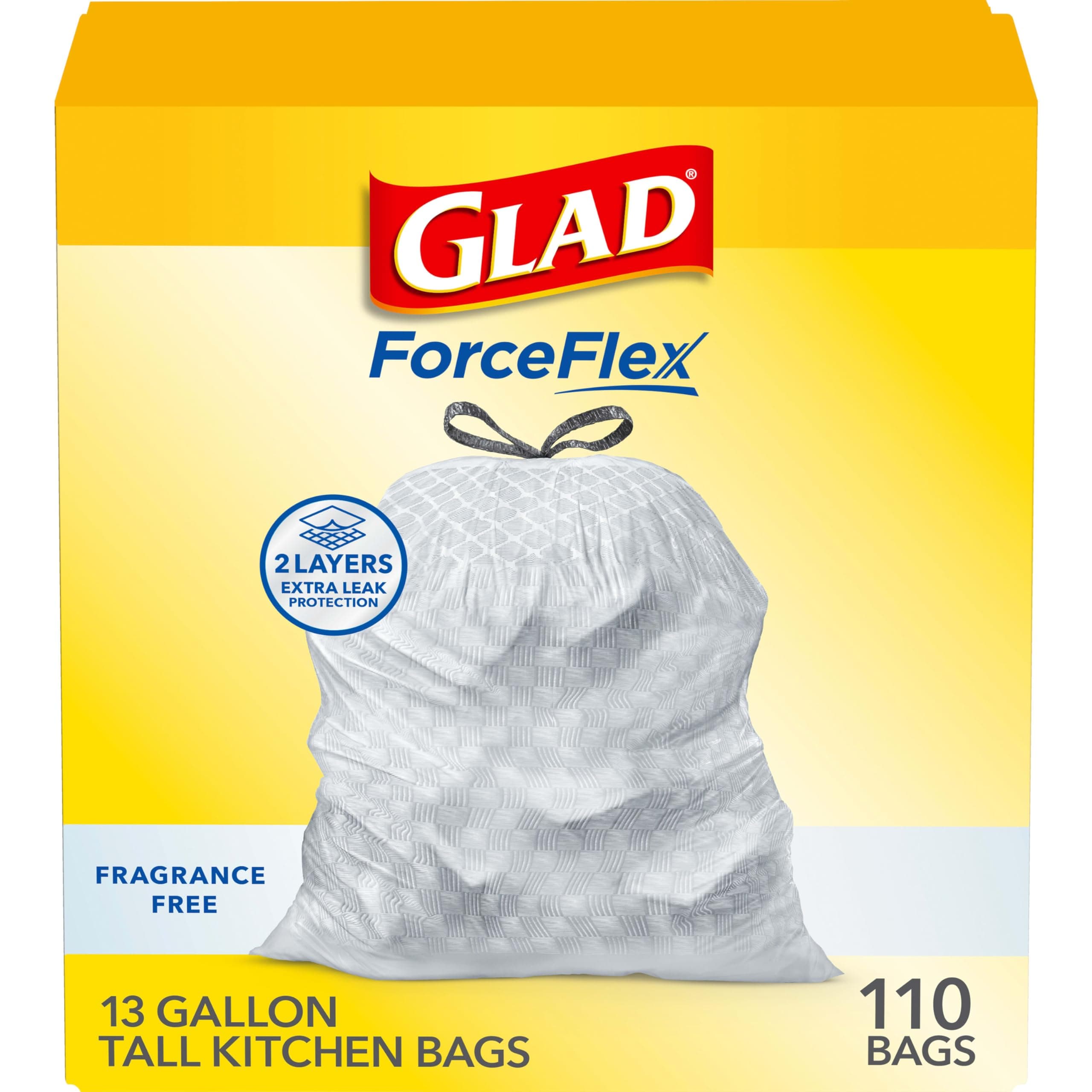 Glad ForceFlex Drawstring Trash Bags, 13 Gallon, Unscented, 110 Count, Pack May Vary