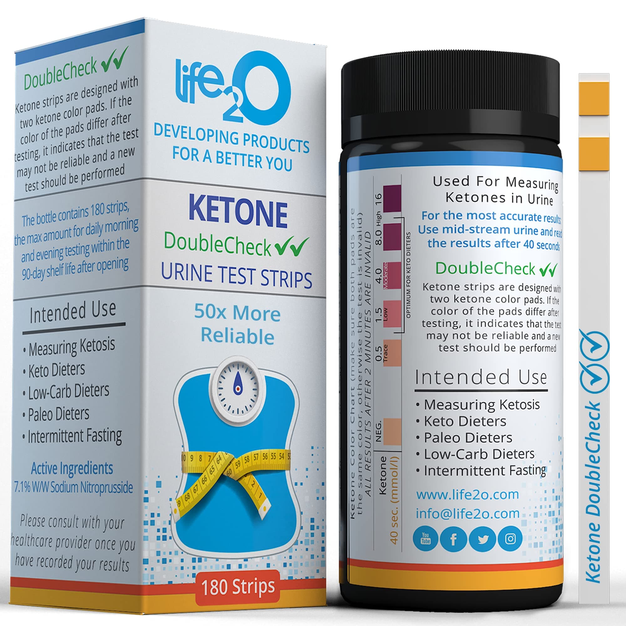 life2O DoubleCheck Ketone Test Strips 180ct, 50x More Dependable Keto Test, Ketosis Test Strips for Urine, Ketones Urinalysis Urine Test Strip for Ketogenic, Low-Carb, Paleo & Atkins Diets