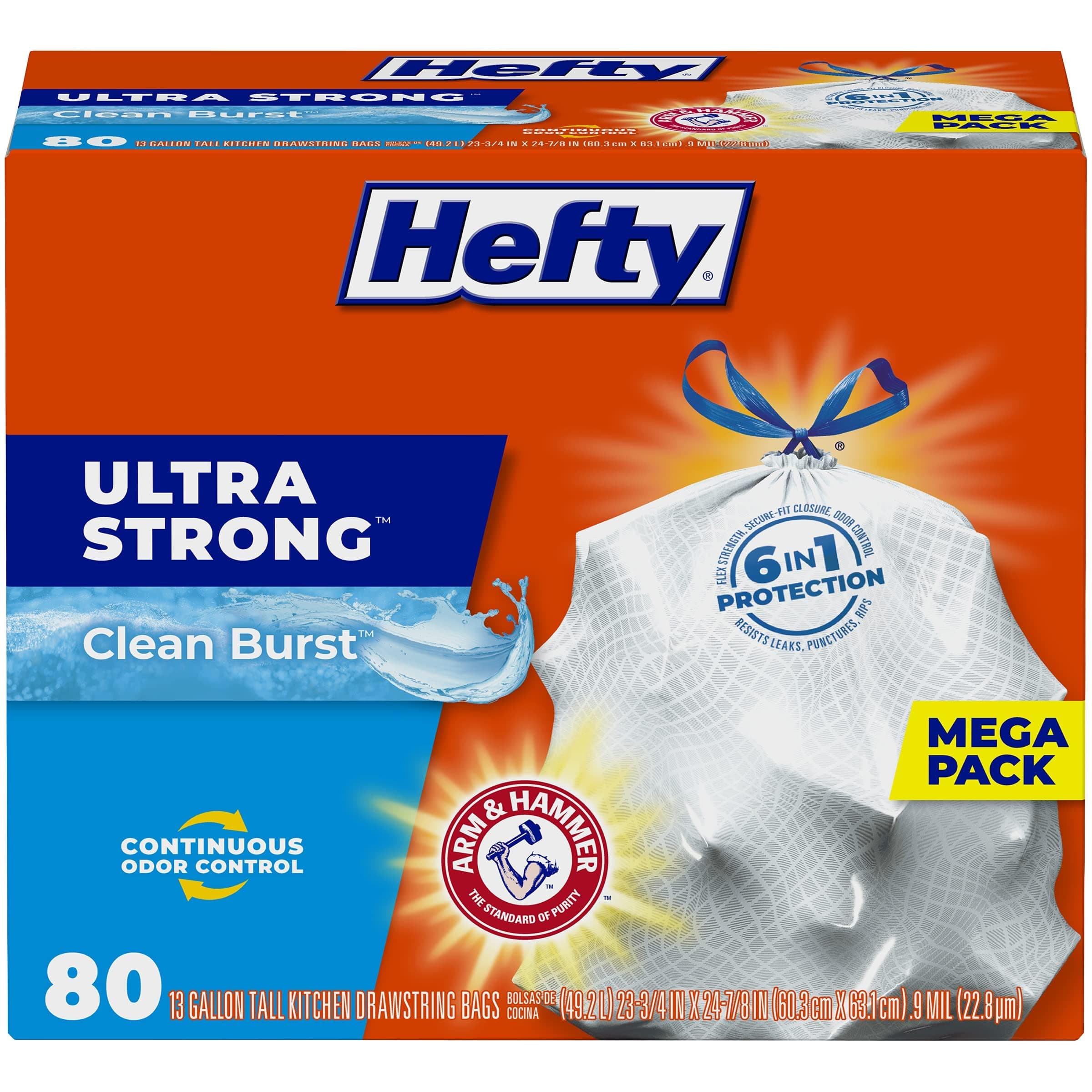 Hefty Ultra Strong Tall Kitchen Drawstring Trash Bags (Clean Burst, 13 Gallon, 80 Count) by Hefty
