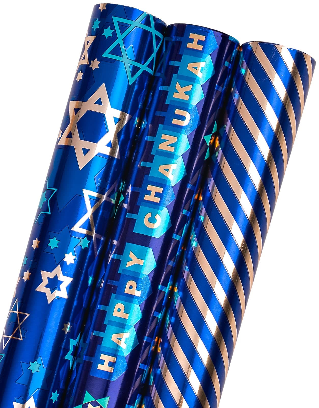 MAYPLUSS Wrapping Paper Roll - Mini Roll 17in *120in Per roll 3 Rolls Gift Wrapping Paper Hanukkah Design,Menorahs, Star of David, Letter Hanukkah for Chanukah Celebration (42.3 sq.ft.ttl)