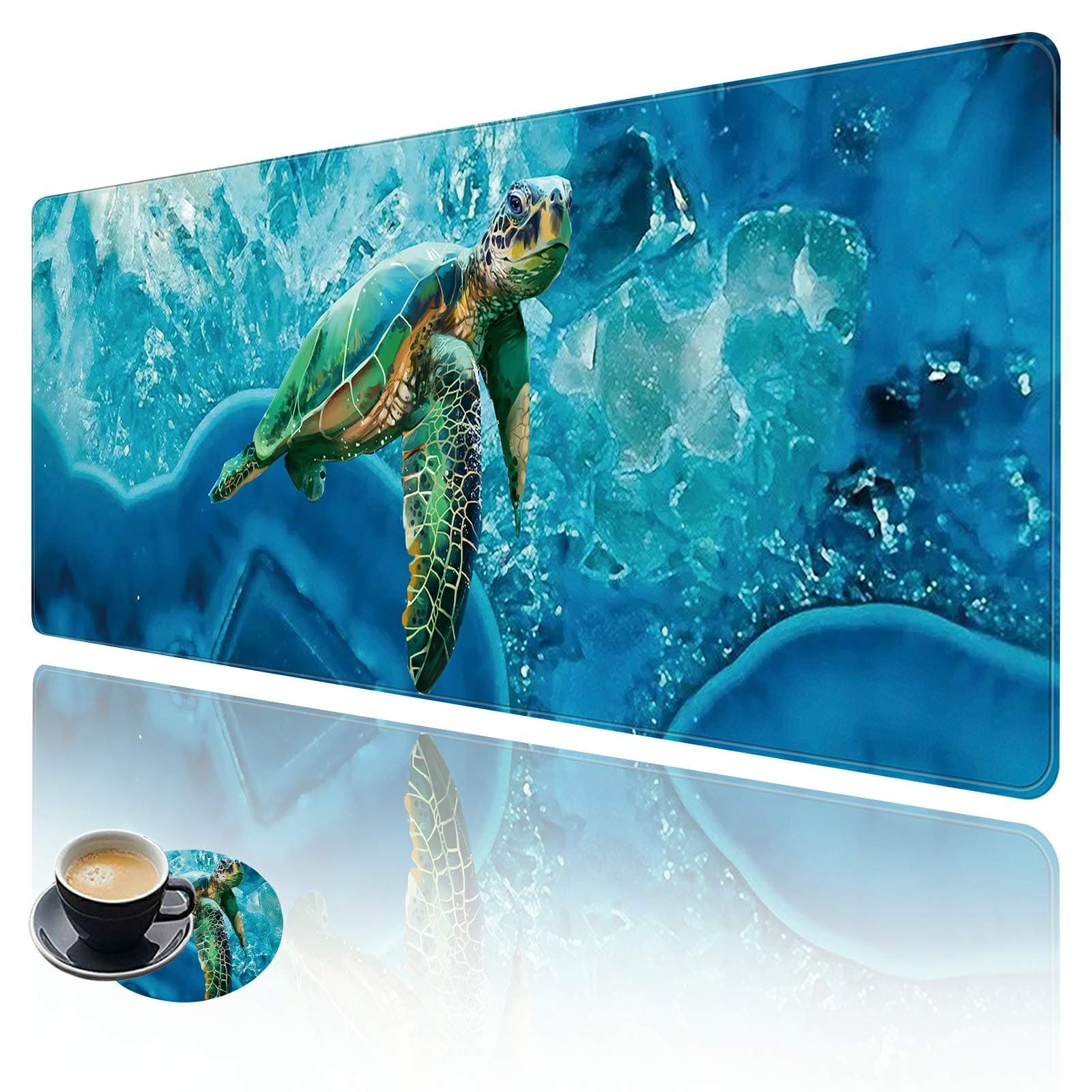 Extended Large Gaming Mouse Pad with Stitched Edges, XXL Mouse Pad Large (31.5x11.8 Inch) w/ Brilliant Design, Desk Mat Keyboard Pad with Anti Slip Base, Multifunctional Desk Pad - Turtle Underwater