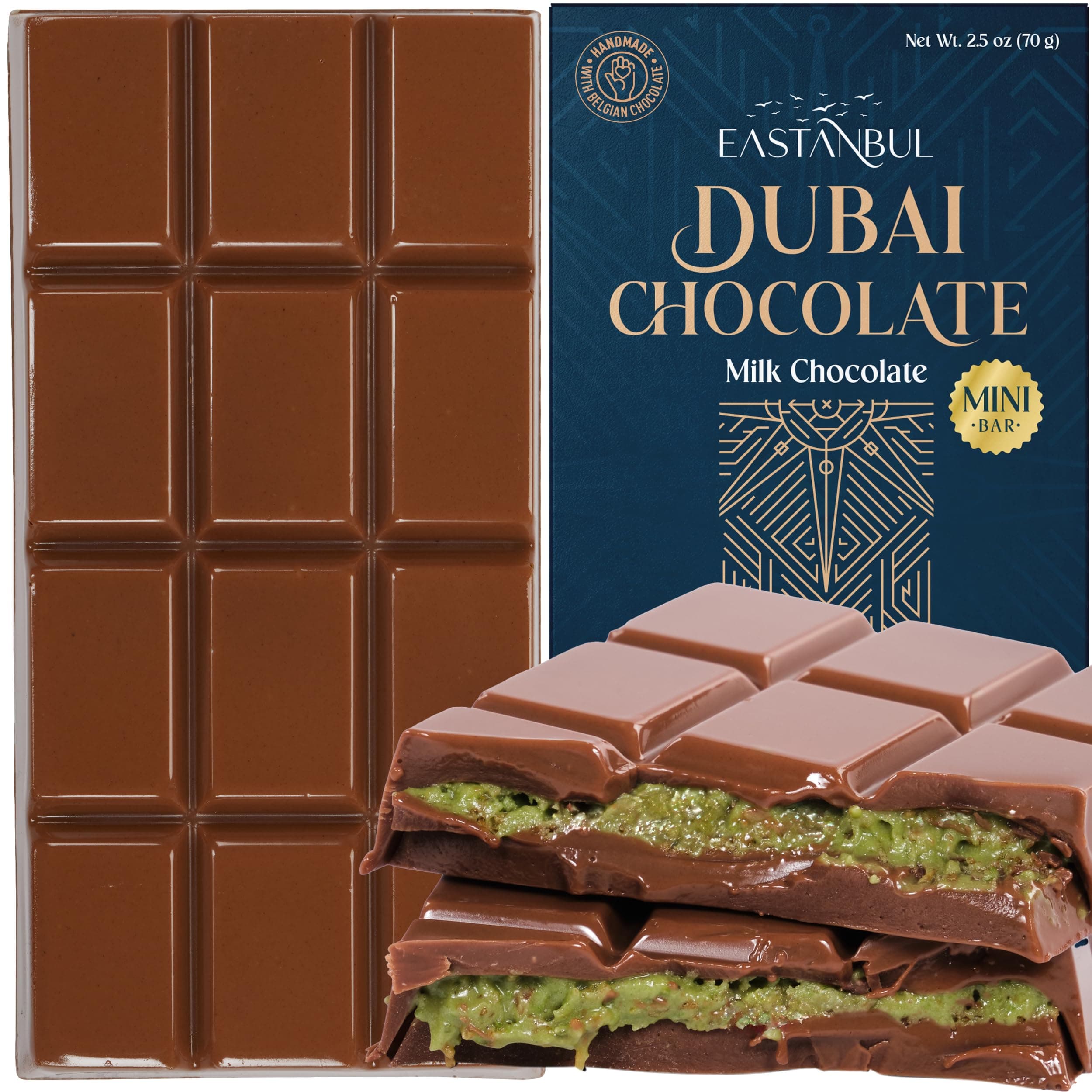 Eastanbul Dubai Chocolate Bar Pistachio, 70g, Pistachio Dubai Chocolate Bar, Kunafa Bar with Pistachio Cream Filling, Viral Candy with Shredded Phyllo Dough, Knafeh, Gift Box
