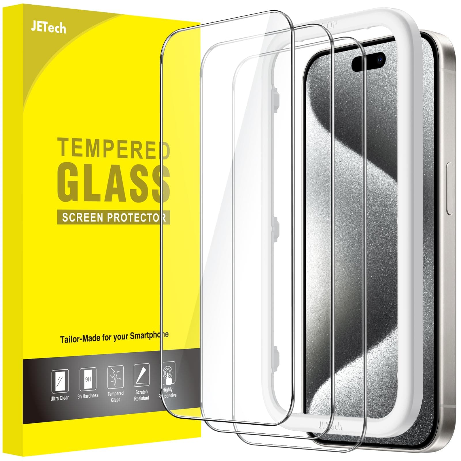 JETech Screen Protector for iPhone 15 Pro 6.1-Inch, Tempered Glass Film with Easy Installation Tool, Case-Friendly, HD Clear, 3-Pack