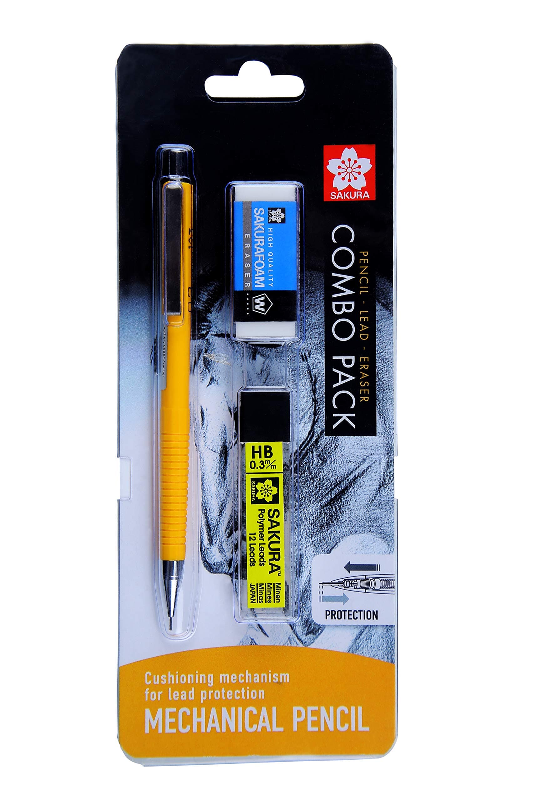 Cushioning Point Mechanical Pencil Starter set with lead refill, (HB, 0.3) and eraser