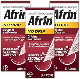 Afrin No Drip Original Nasal Mist Triple Pack, Non-Drowsy, Fast-Acting Decongestant for Nasal Congestion and Sinus Pressure Relief, Adults and Children 6 and Older, .5 fl oz (Pack of 3)