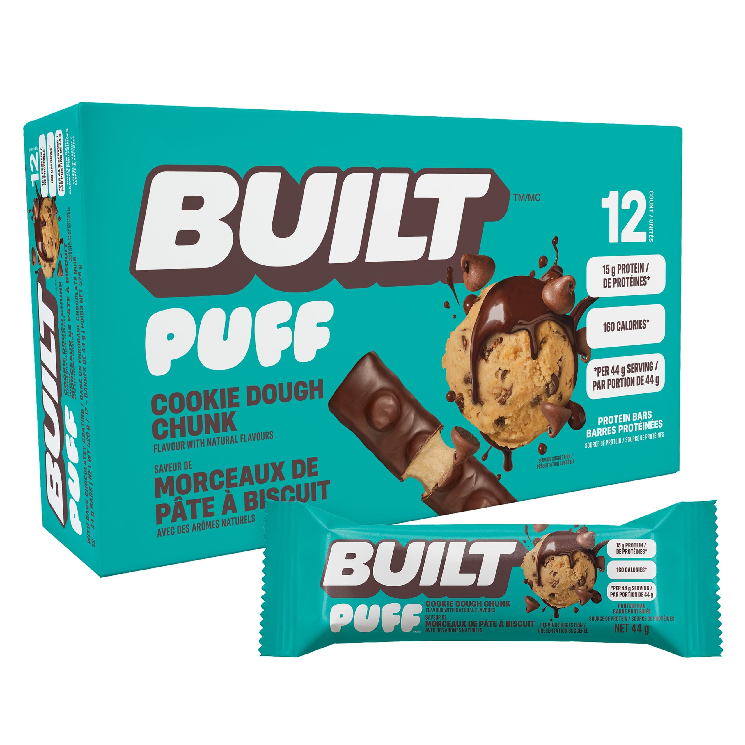 BUILT Puff Protein Bars, Cookie Dough Chunk Puff, High Protein Bars, 15g High Protein Snacks, On-The-Go Bars, only 160 Calories, 8g Sugar, Collagen, Not Gluten Free, 12 Count