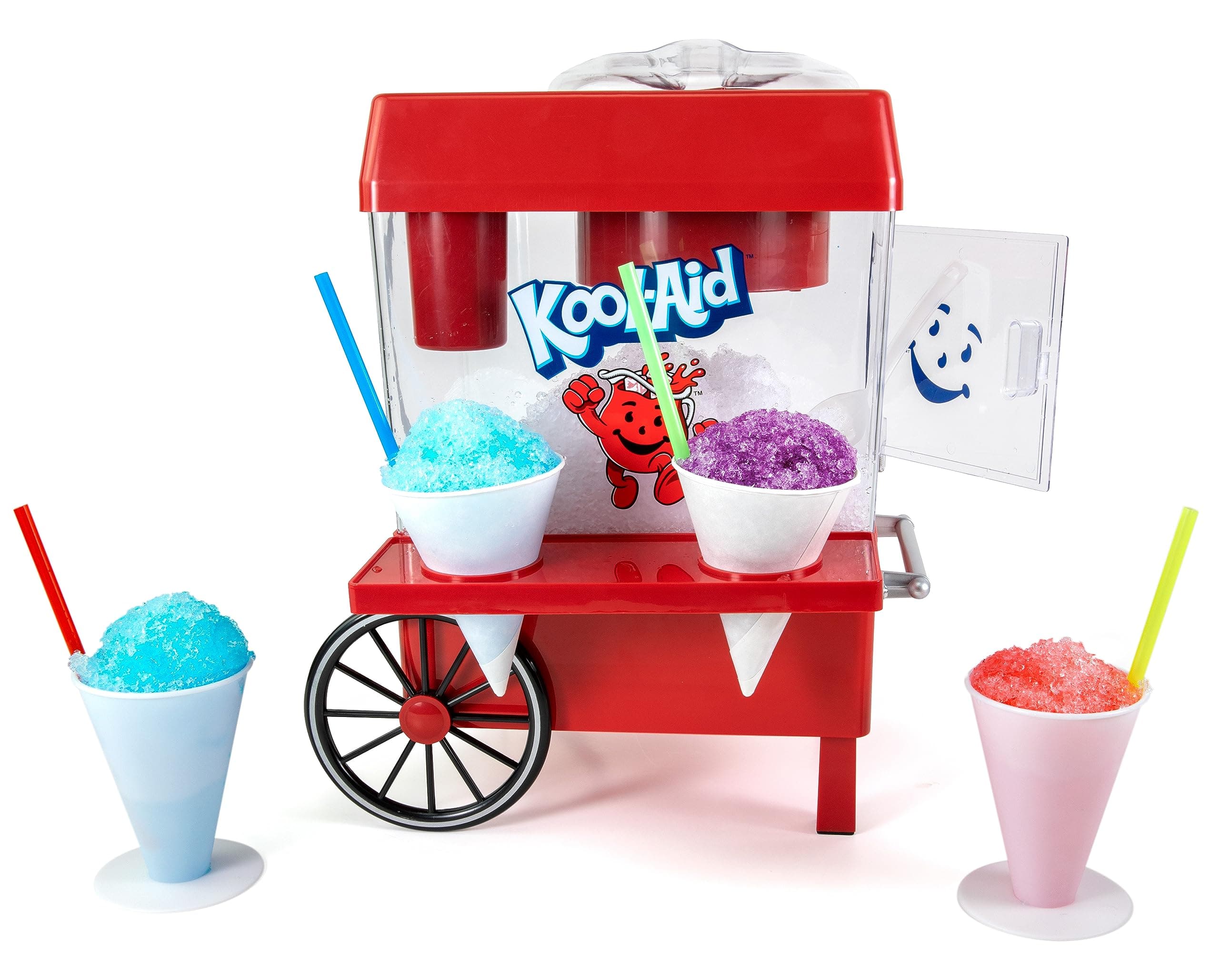 Kool-Aid Snow Cone Shaved Ice Machine - Retro Table-Top Slushie Machine Makes 20 Icy Treats - Includes 2 Reusable Plastic Cups & Ice Scoop - Red