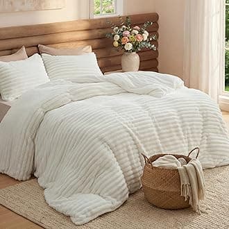 Full Size Comforter Sets - GentleSoft™ 3 Pieces Double-Side Fleece Fluffy White Comforter Set, Cozy Striped Room Decor Aesthetic, Luxury Full Size Bedding, 2 Pillowcases, 82x86 Inches