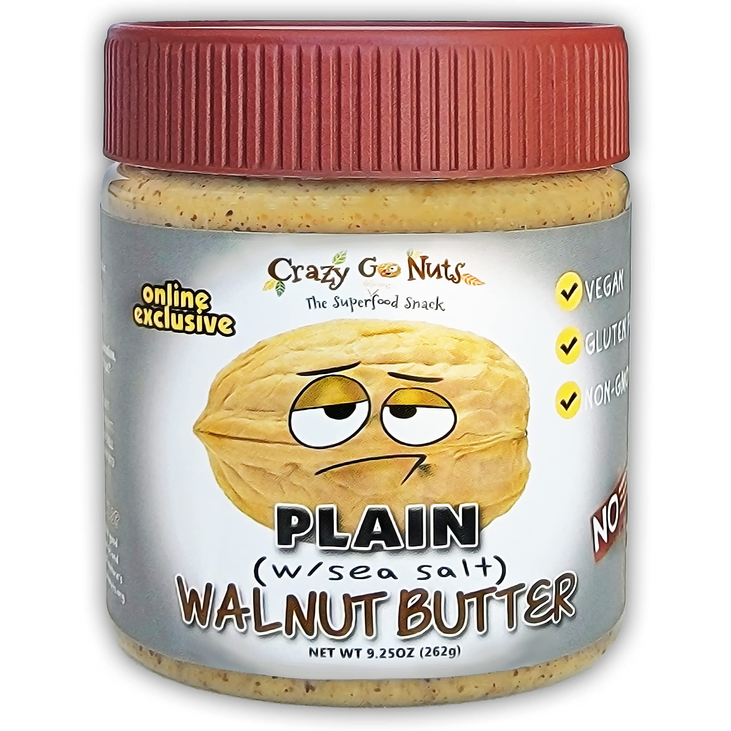 Crazy Go Nuts Walnut Butter Plain with Sea Salt - Walnut Spread, Keto, Vegan, Low Carb, Gluten Free, Superfood-Natural, Non-GMO, ALA, Omega 3 Fatty Acids, Good Fats and Antioxidants - 9.25 Oz