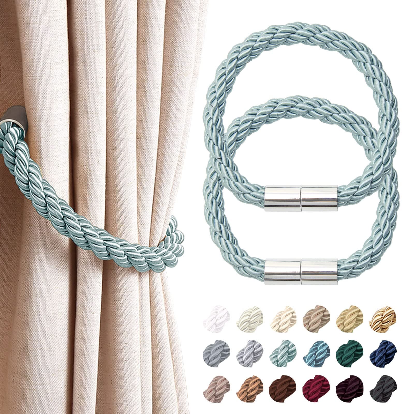 NICEEC 2 Pack Strong Magnetic Curtain Tiebacks Modern Simple Style Drape Tie Backs Convenient Decorative Weave Rope Curtain Holdbacks for Thin or Thick Home & Office Window Draperies (Blue-Grey)